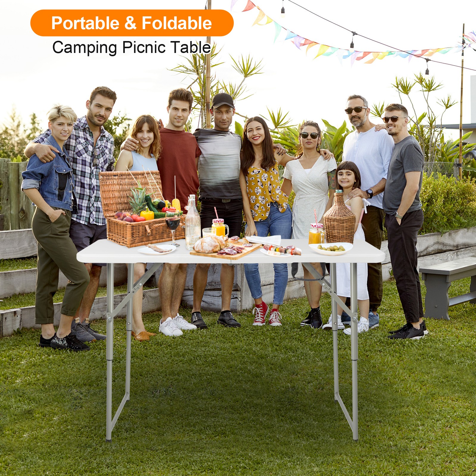 4' Heavy Duty Plastic Folding Table Center Fold Height Adjustable Indoor Outdoor