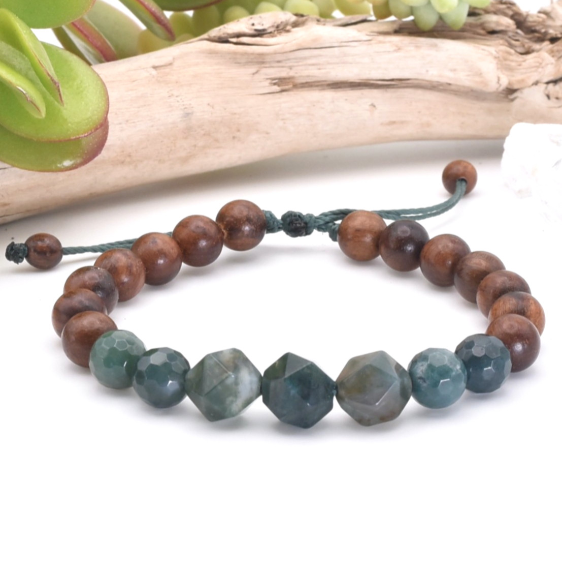 Moss Agate Diffuser Wooden Bracelet. Crystals "For new beginnings & Abundance"