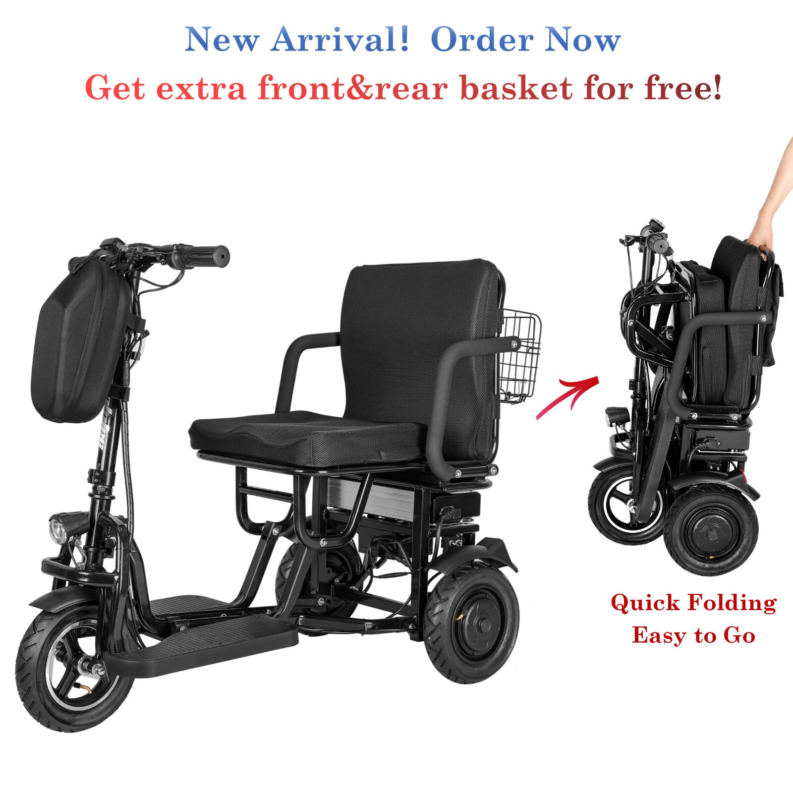 Mobility Scooter 3 Wheel w Lithium Battery 700W,20Miles,Light,Can be full folded