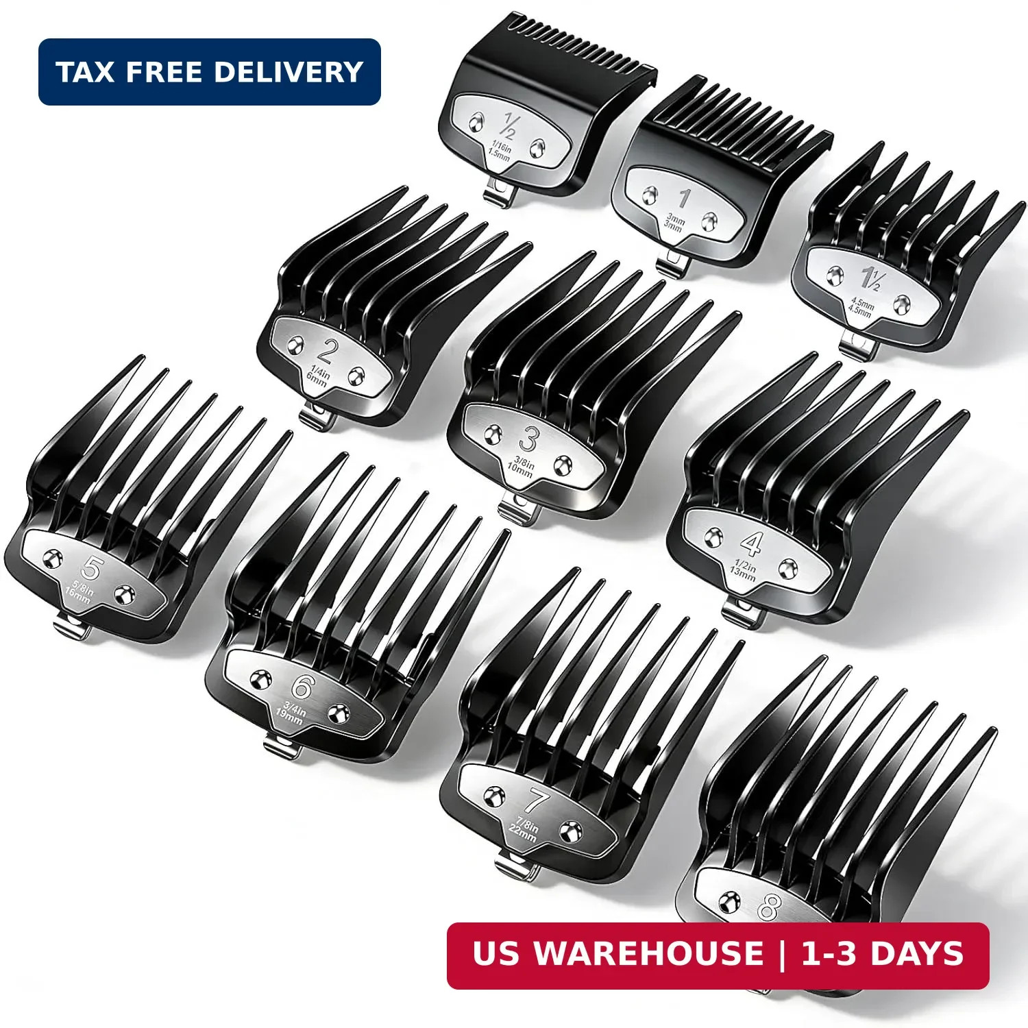 Clipper Guards Set Compatible with Most Wahl Clipper, Black, 10 pcs | Replacemen