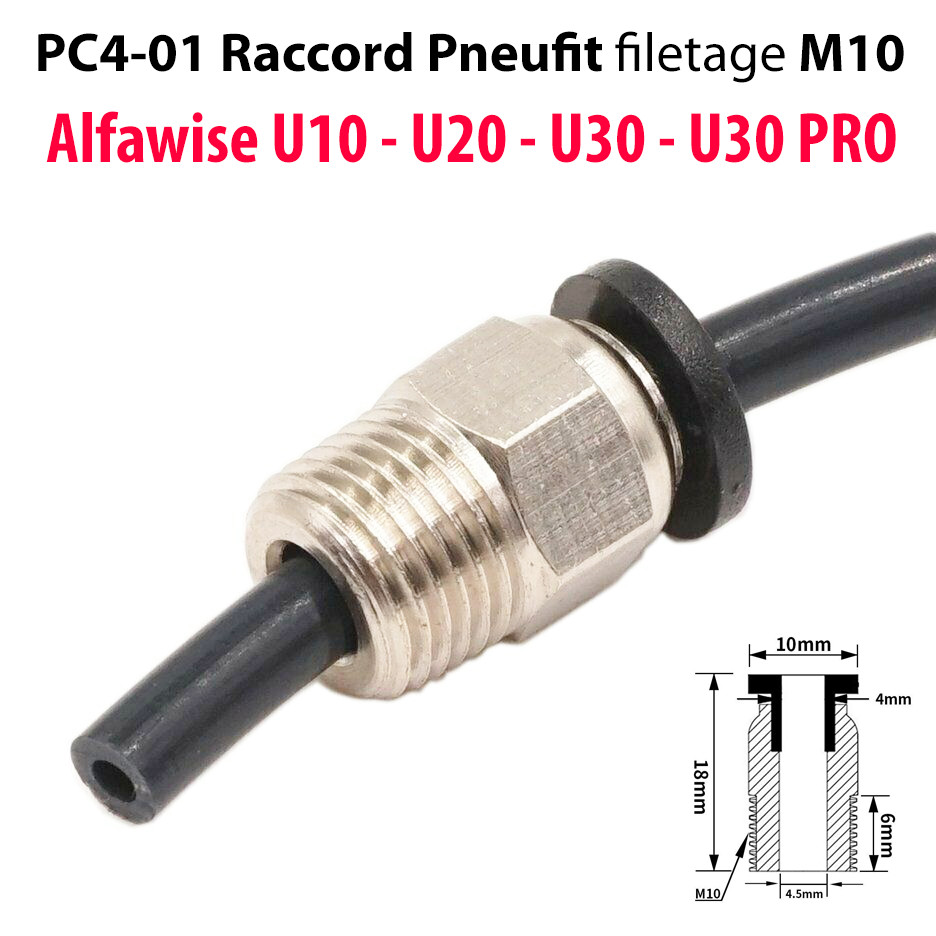 Fitting Pneufit PC4-01 1.75mm Alfawise U10/U20/U30/U30 Pro Tube Bowden Hotend