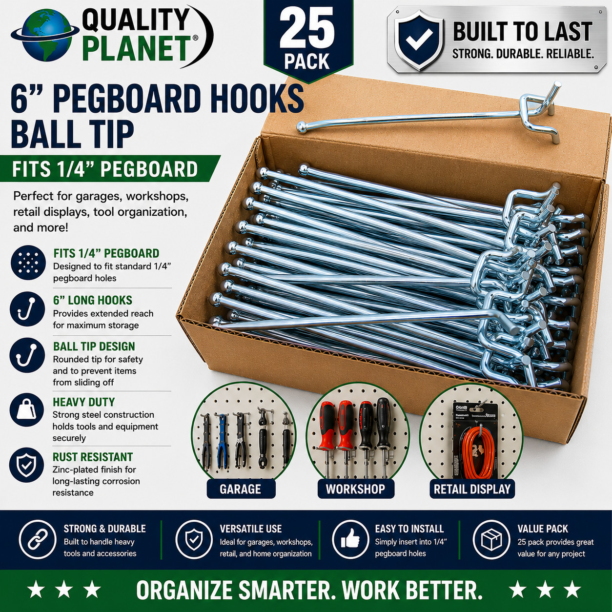 Heavy Duty 6 Inch Pegboard Hooks Steel Garage Tool Hangers