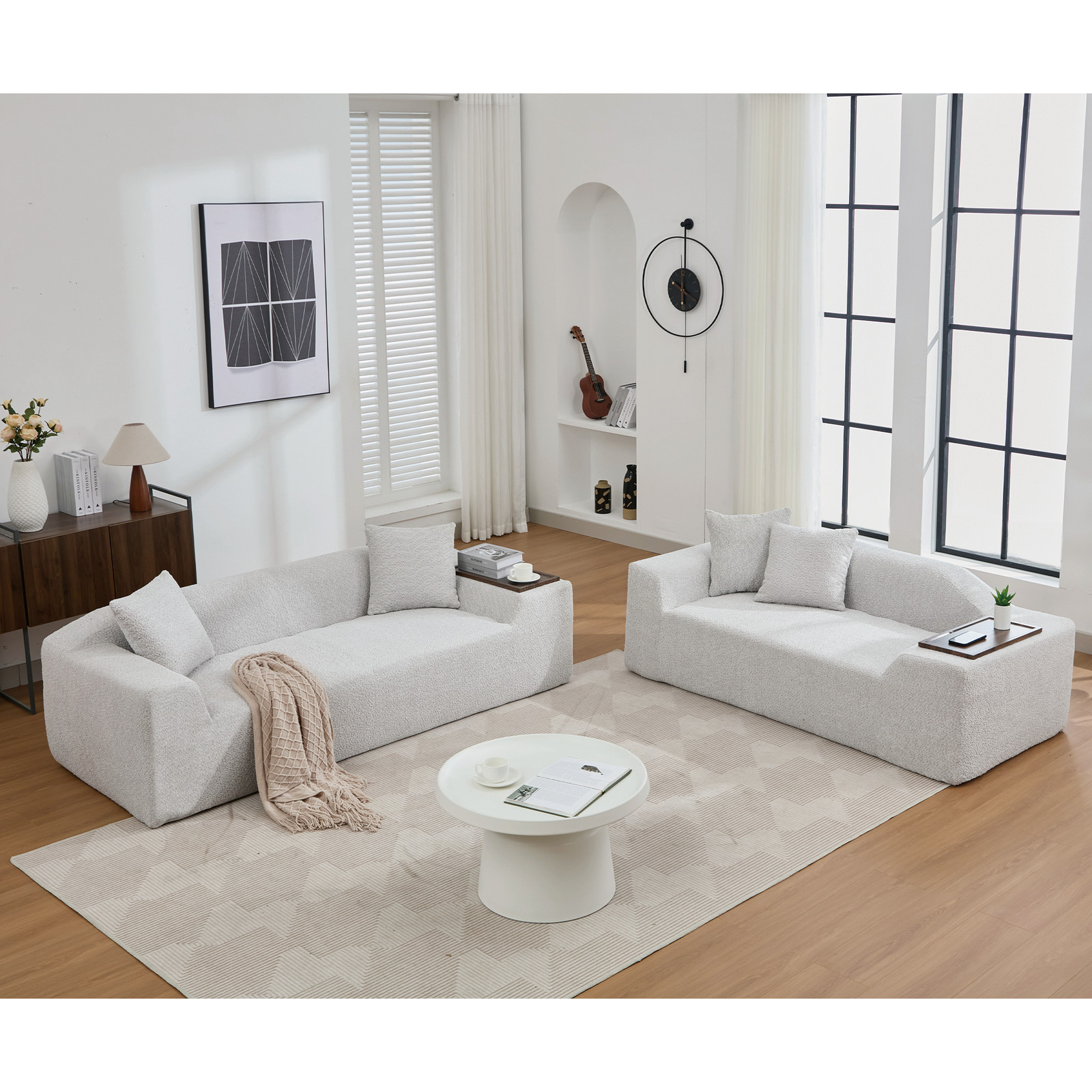 2 Piece Boucle Cloud Sofa Set, Upholstered Sofa Set, Modern 3 Seater and 2 Seate
