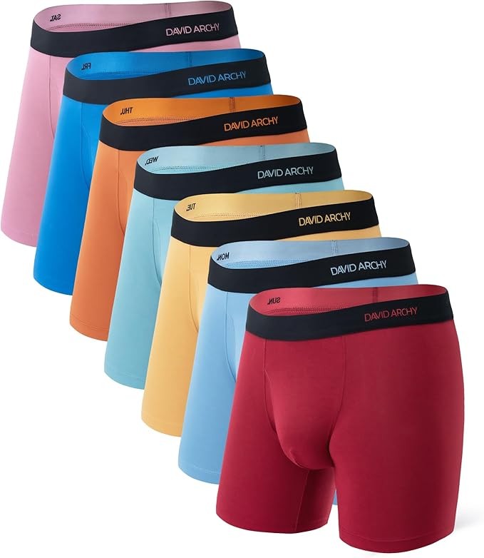 7 Pack David Archy Men's Colorful Bamboo Rayon Boxer Briefs with 3D Pouch