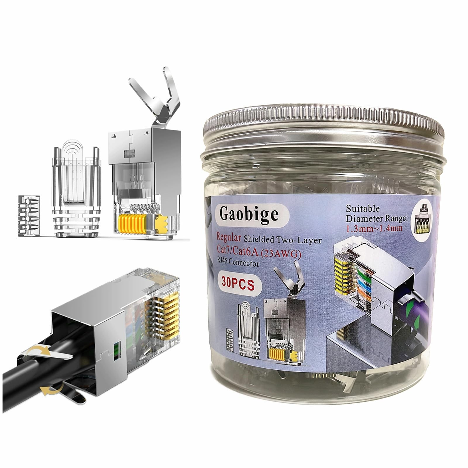 30 Pack Cat7 Cat6A RJ45 Shielded Connectors with 30 Strain Relief Boots