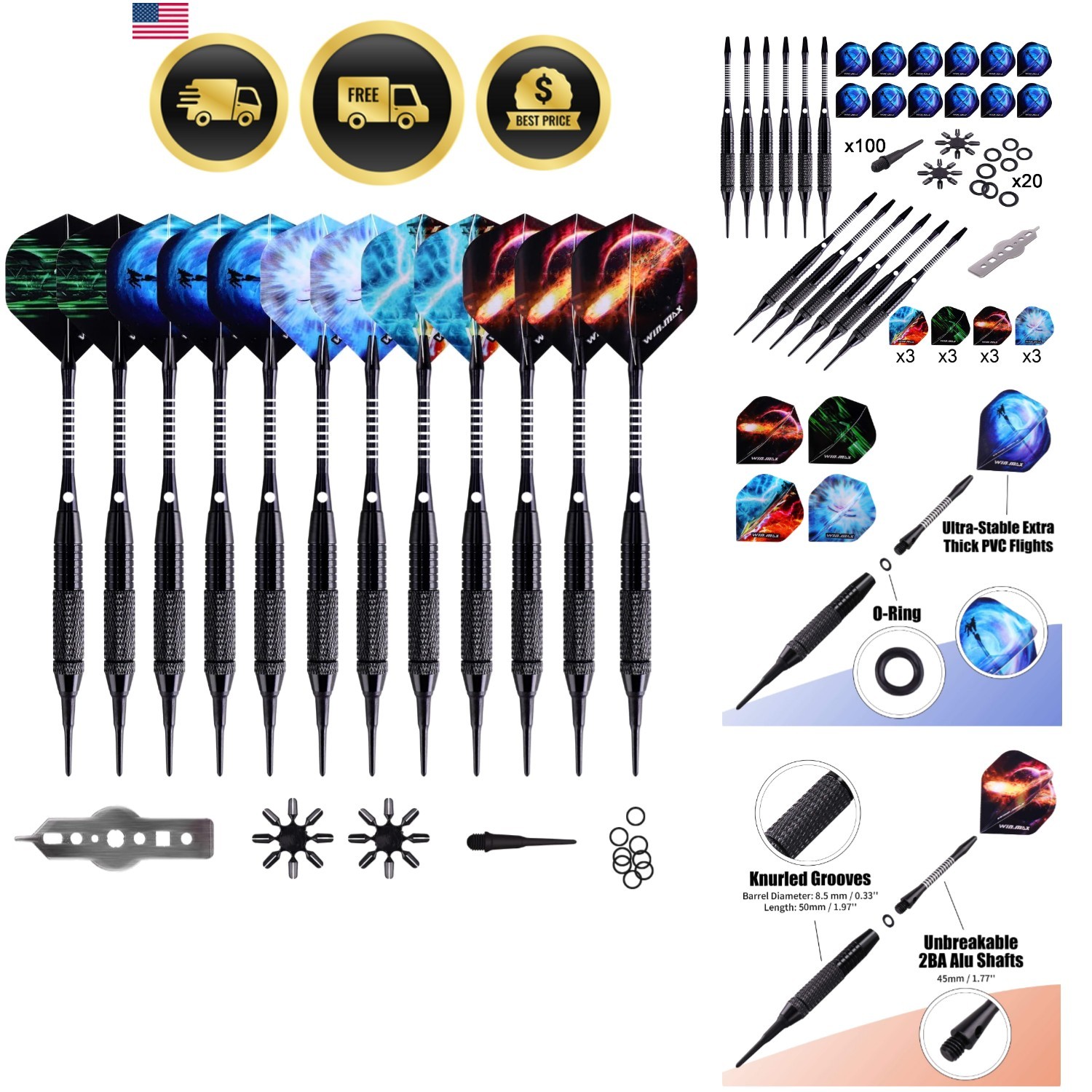 Darts Plastic Tip - Soft Tip Darts Set - 12 Pcs 18 Gram with 100 Extra Dart T...