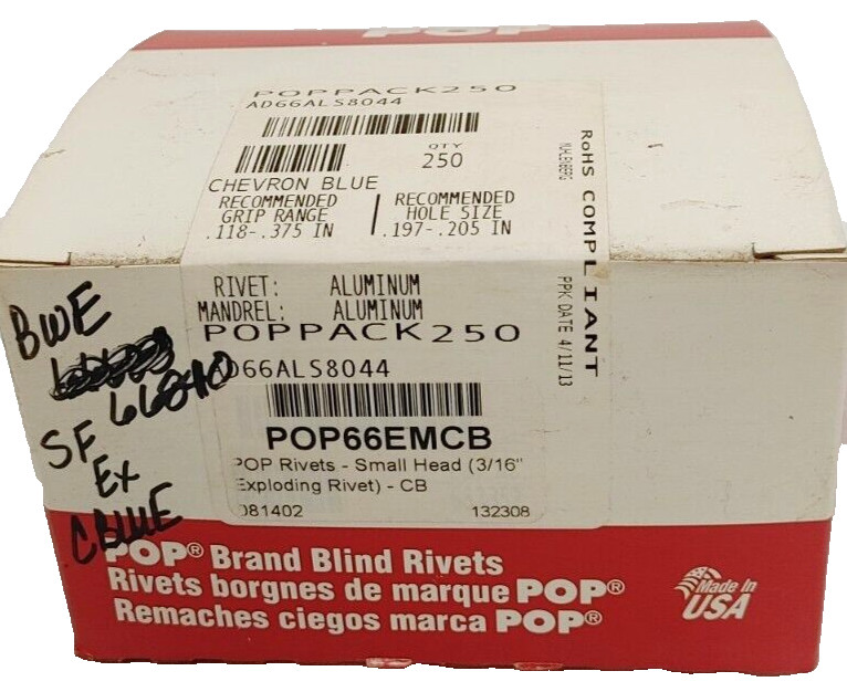 POP  3/16" Exploding Small Head CHVRON BLUE Rivet Alum Body &  Mandrel 250 Count