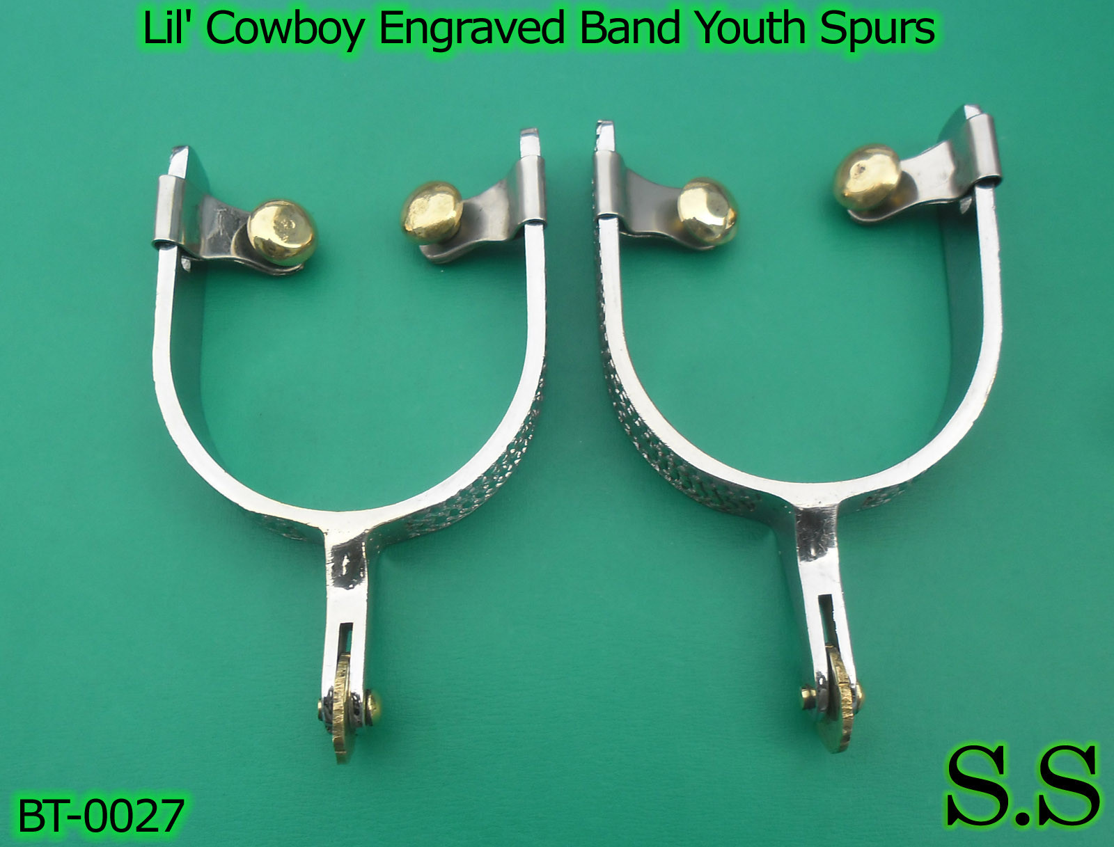 Lil' Cowboy Engraved Band Youth Spurs w/Brass Rowels New Free Shipping, BT-0027