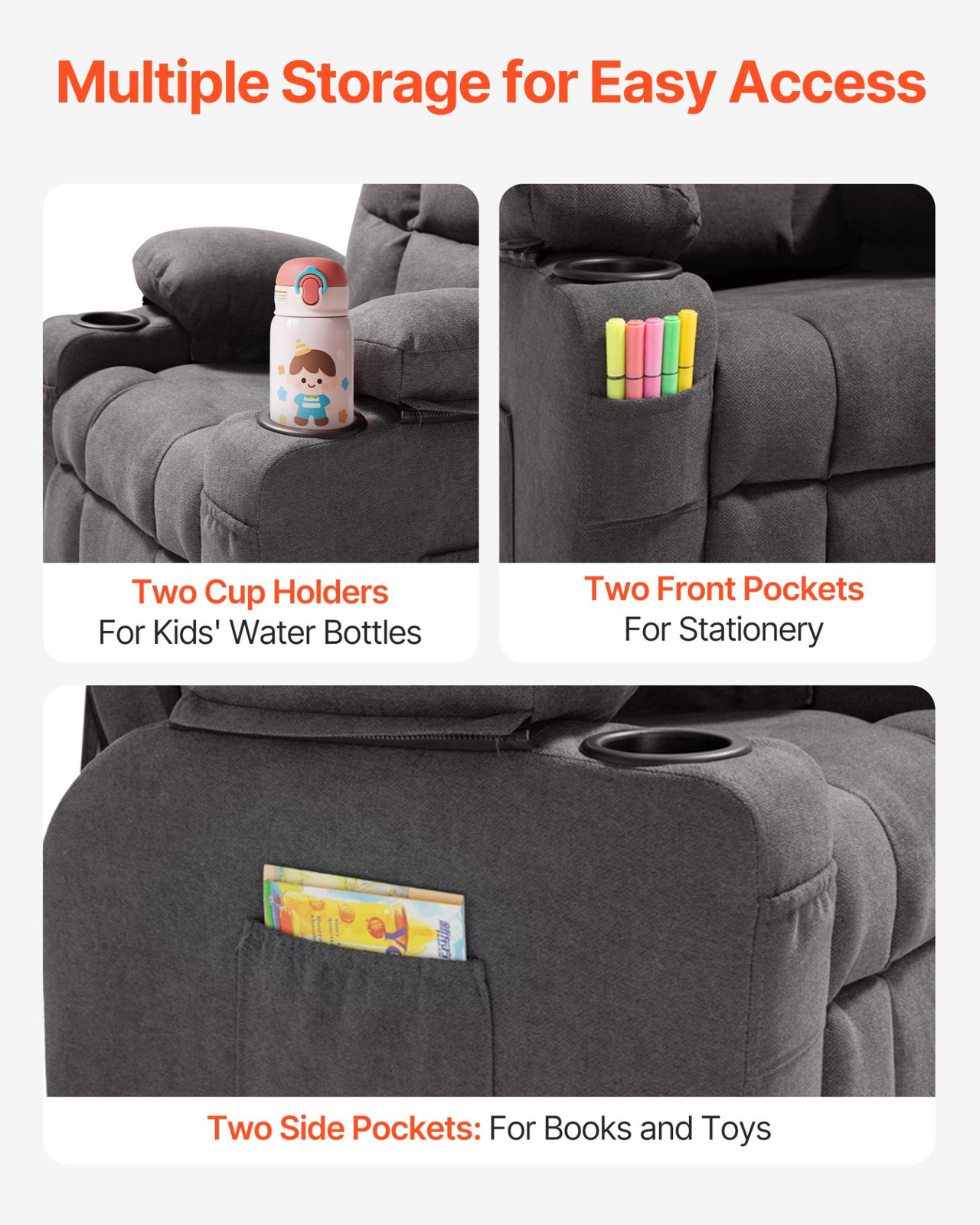 Kids Recliner Chair Adjustable Toddler Sofa with Cup Holder Gray