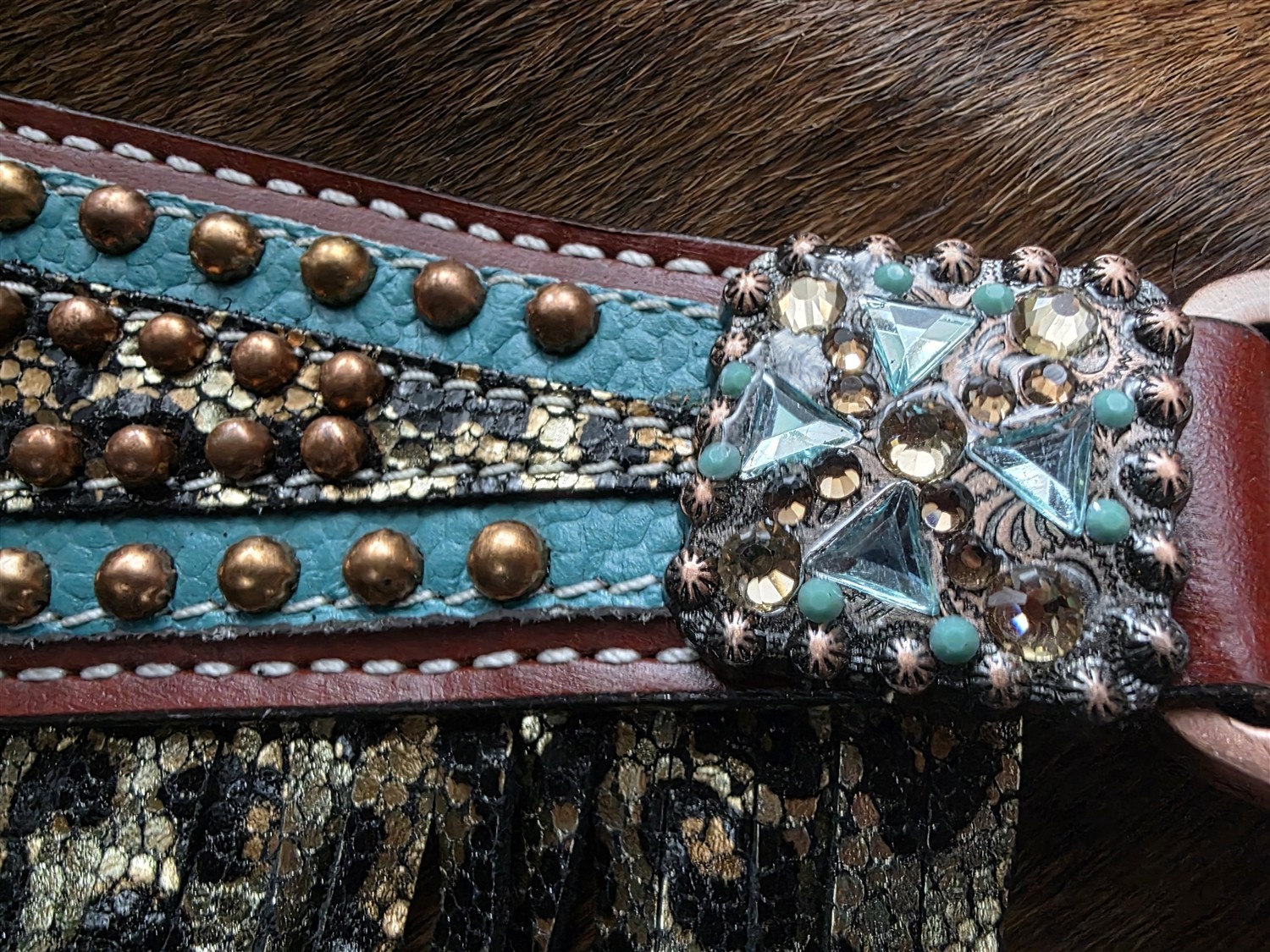 Western Headstall - Fringed Breastcollar - Reins - Metallic Leopard - Turquoise