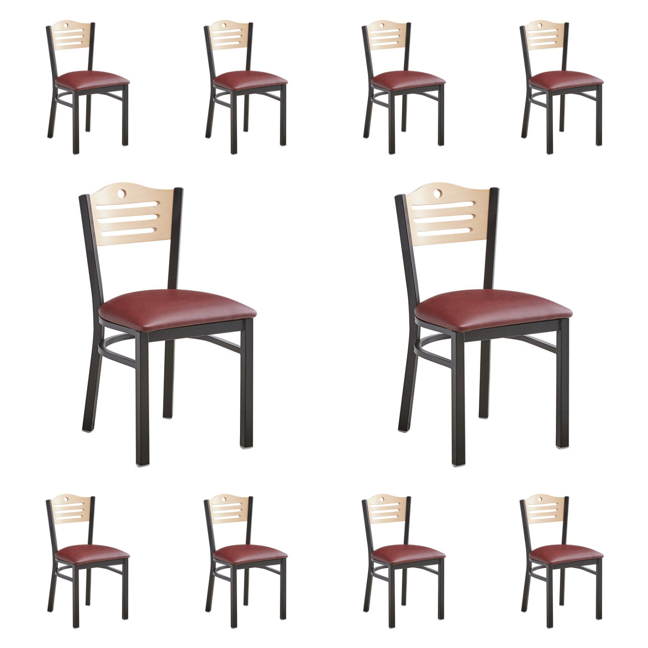 10 PACK Slat Back Metal Restaurant Chair Burgundy Vinyl Seat & Wood Back