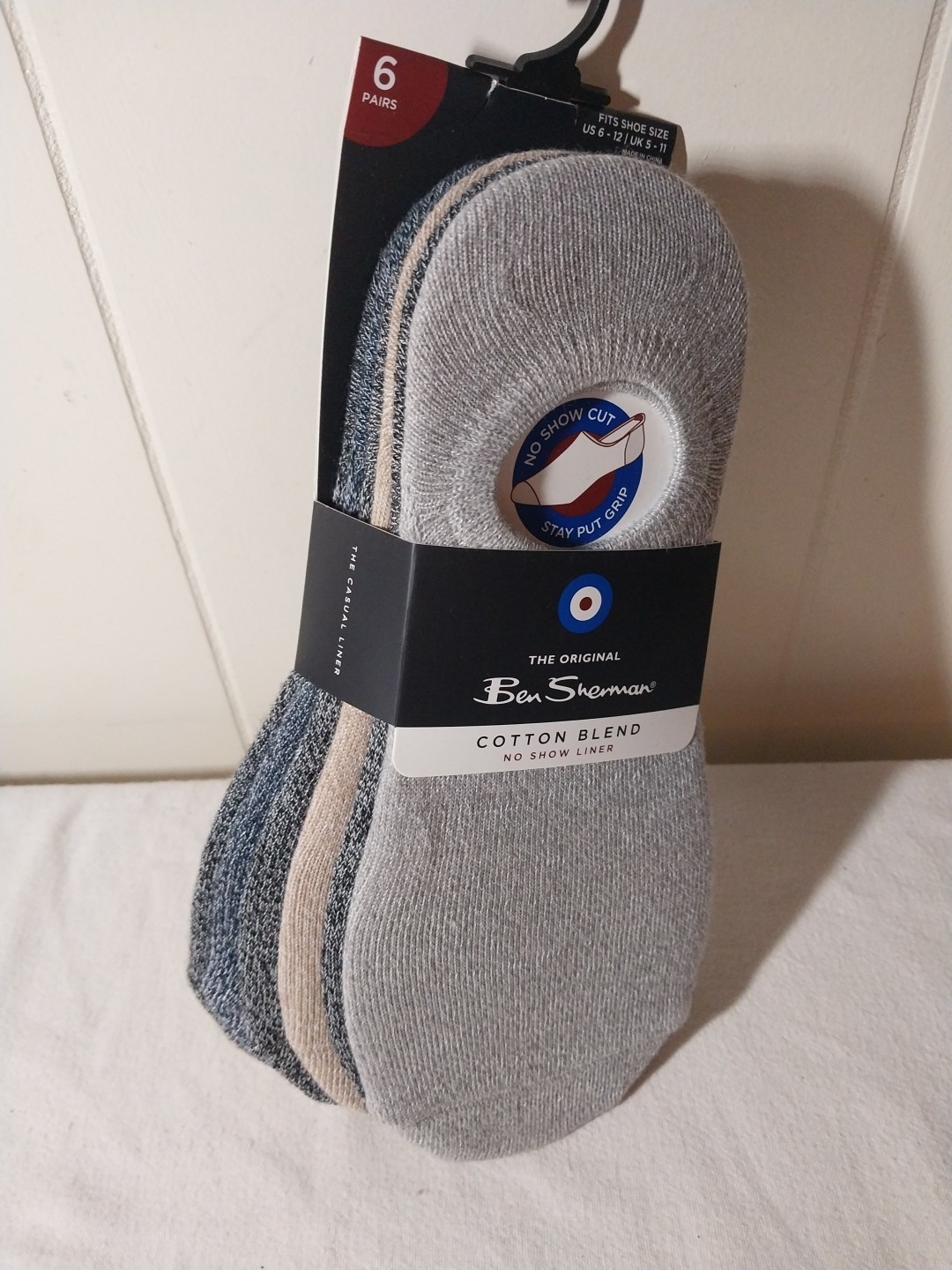 Ben Sherman Socks 6 Pairs Mens No Show Liner Blue Tan Gray Black Cotton Blend
