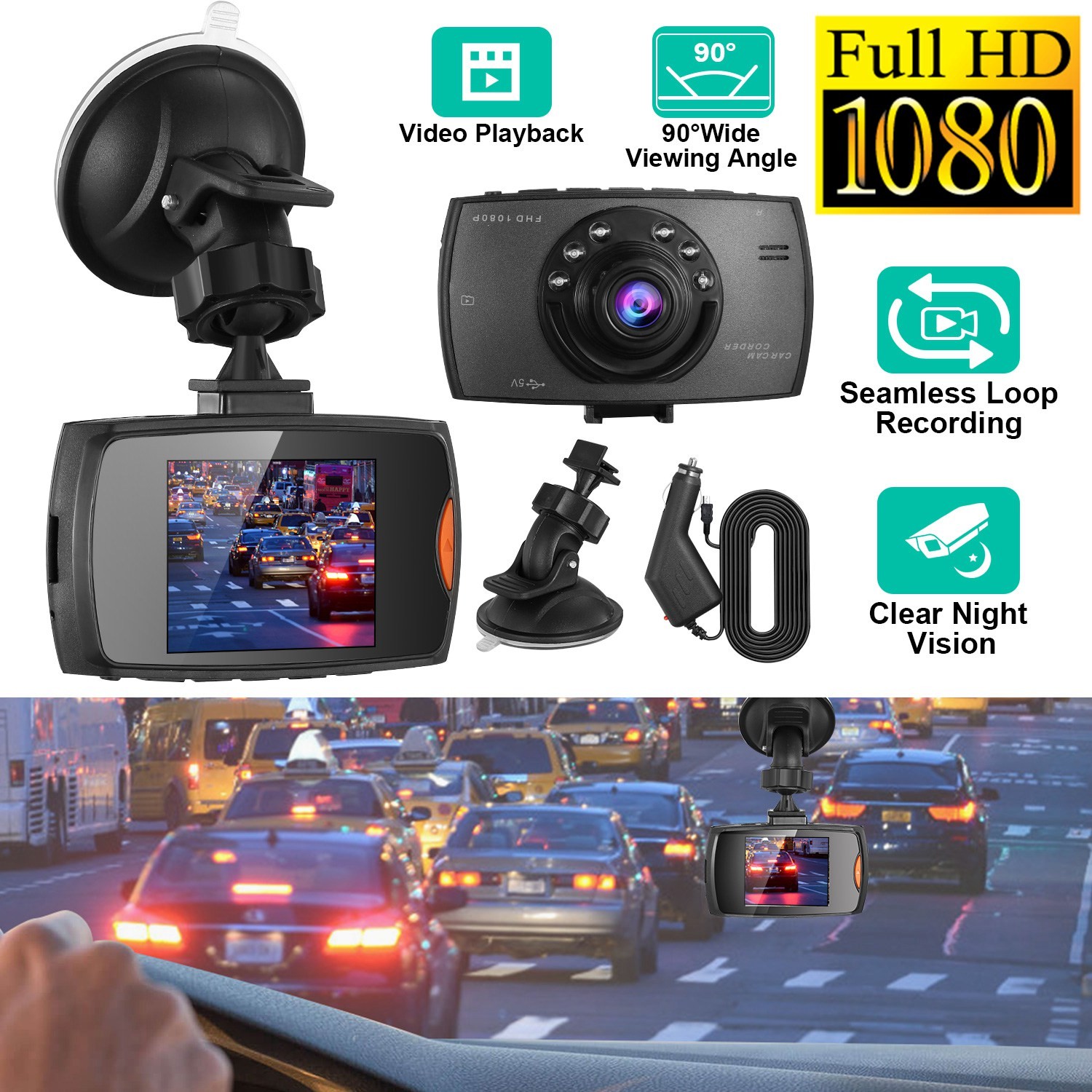 1080P Car DVR Camera Dash Cam Camcorder 90 Degree Angle Loop Recording Night Vis