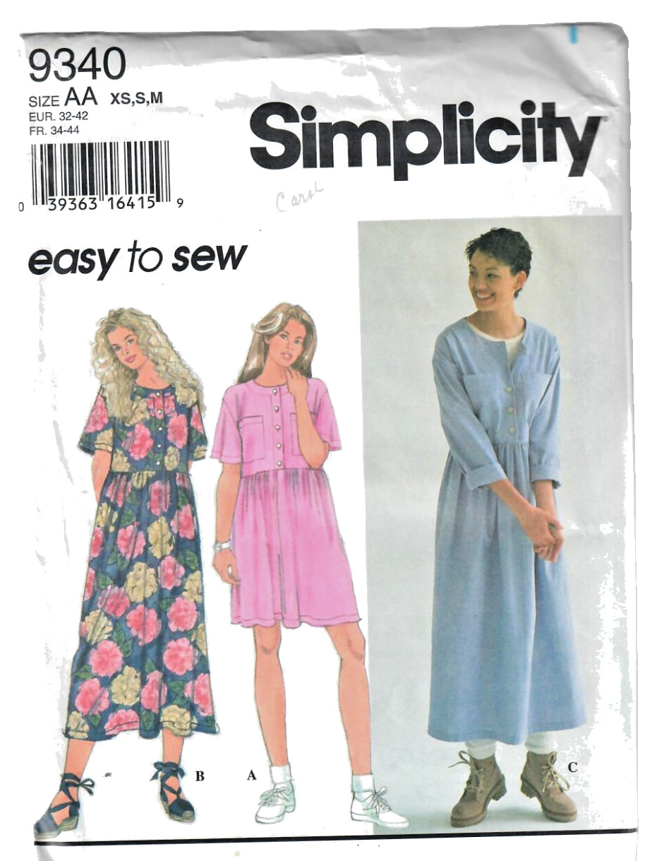 Simplicity 9340 Women's Loose Fitting Dress Pattern 2 Lengths Size XS-M Uncut