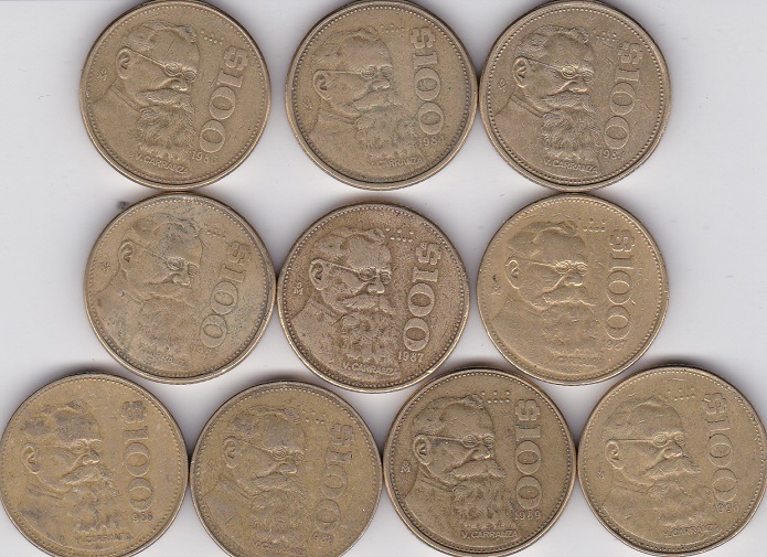 10  x CIRCULATED 1984 to 1991  $100  PESOS  MEXICAN COINS  LOOK