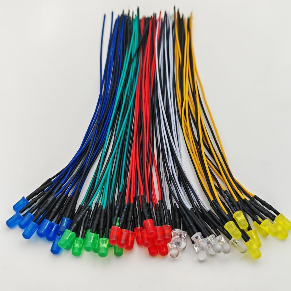 50Pcs 5Mm Red, Yellow, Green, Blue, White LED Lights, 12VDC Prewired 7.8 Inch V
