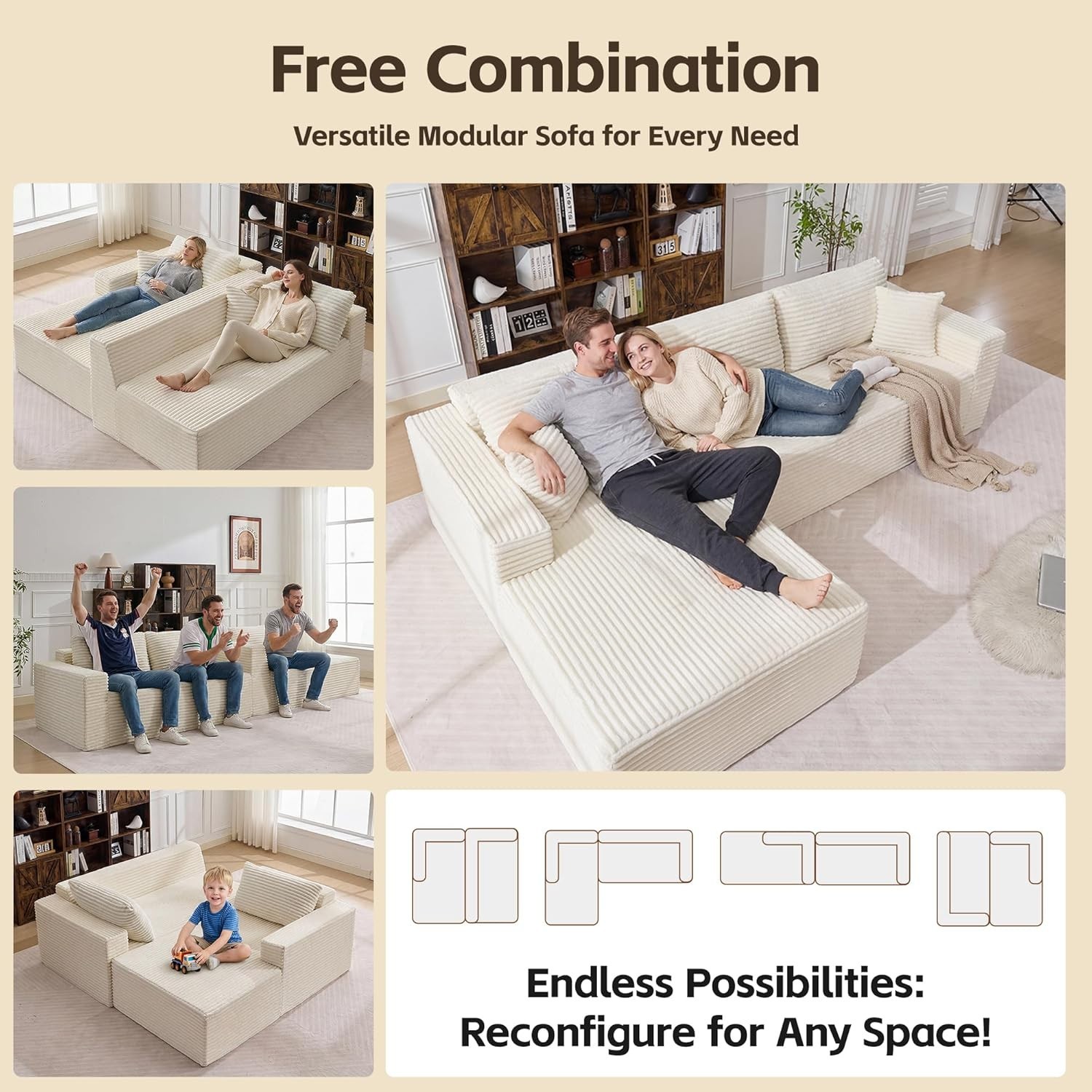 108" Boneless Couches Modular Sectional Sofa with Oversized Chaise No Assembly