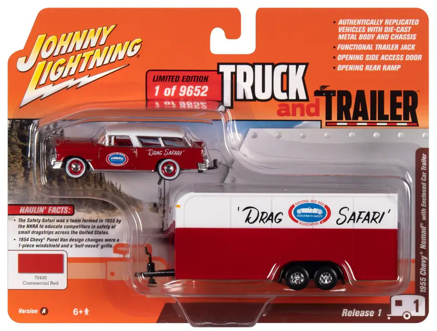 JLSP307A Johnny Lightning 1955 Chevy Nomad w/Enclosed Trailer (Race Safety) Red