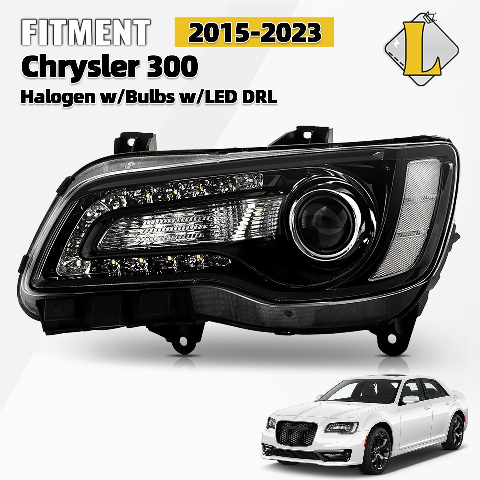 For 2015-2023 Chrysler 300 Black Halogen Headlight LED DRL Projector Driver Side