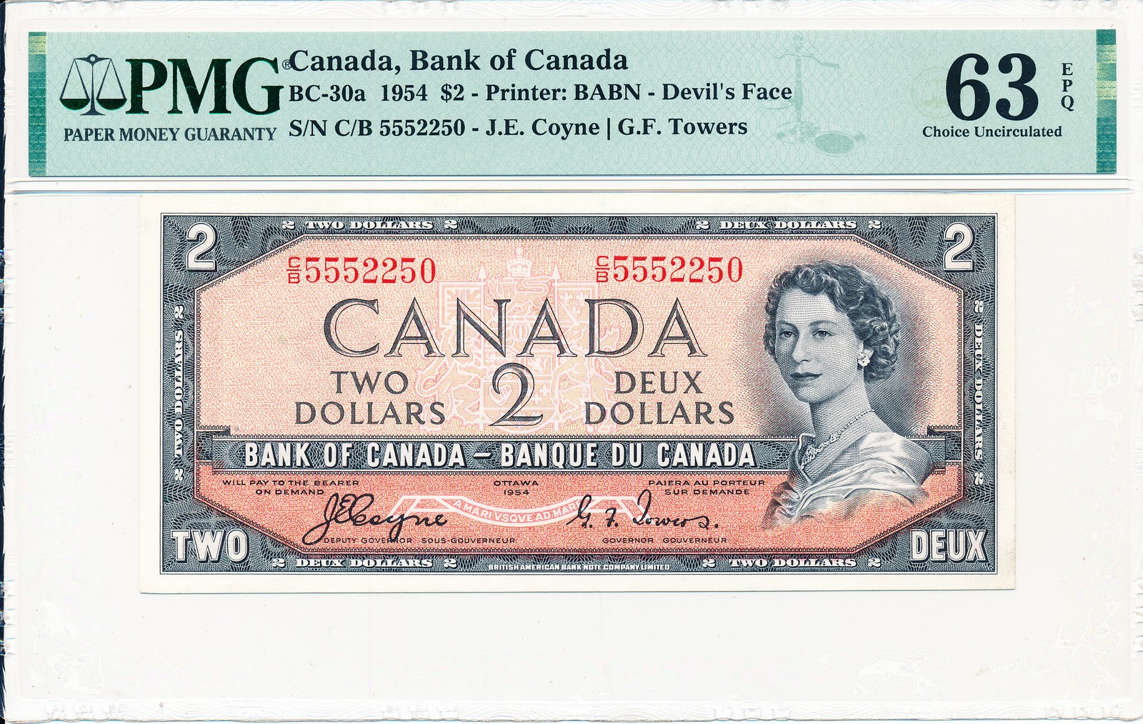 Bank of Canada Canada $2 1954 S/No 5552250 PMG  63EPQ