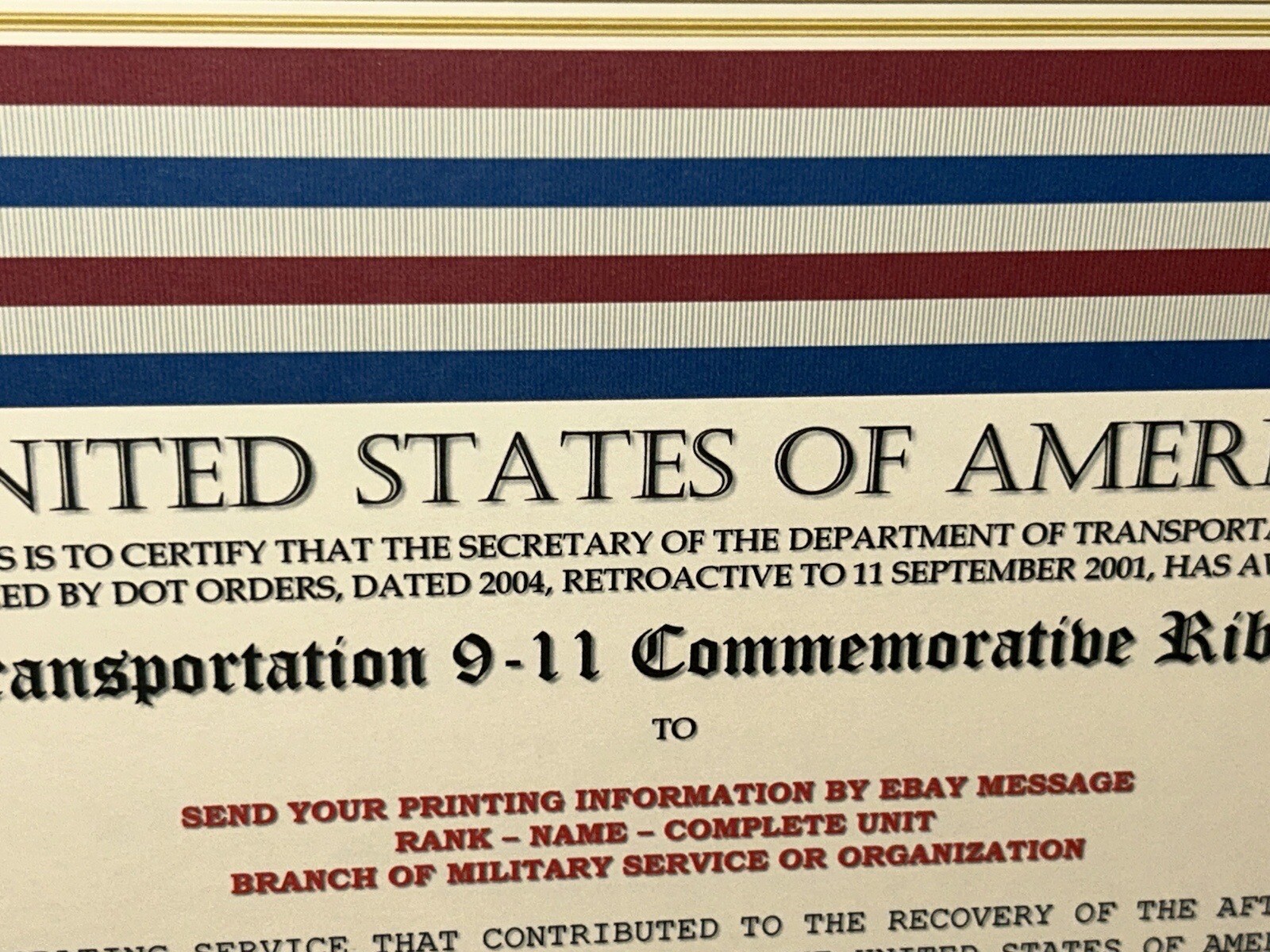 COAST GUARD / TRANSPORTATION 9-11 COMMEMORATIVE CERTIFICATE ~ W/PRINTING TYPE-1