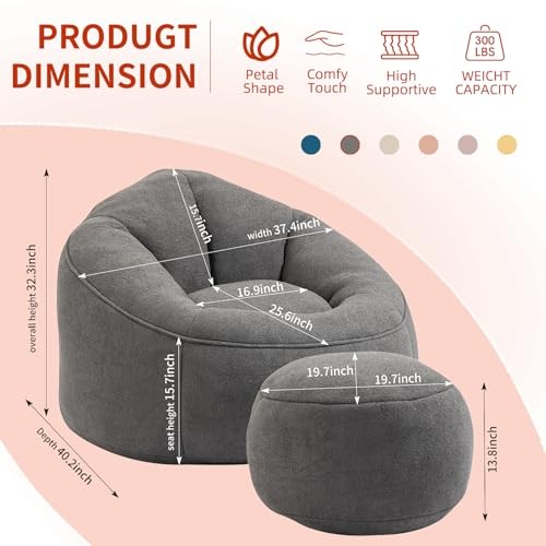 Bean Bag Chairs, Gaint Bean Bag Couch with Memory Foam for Adults and Grey