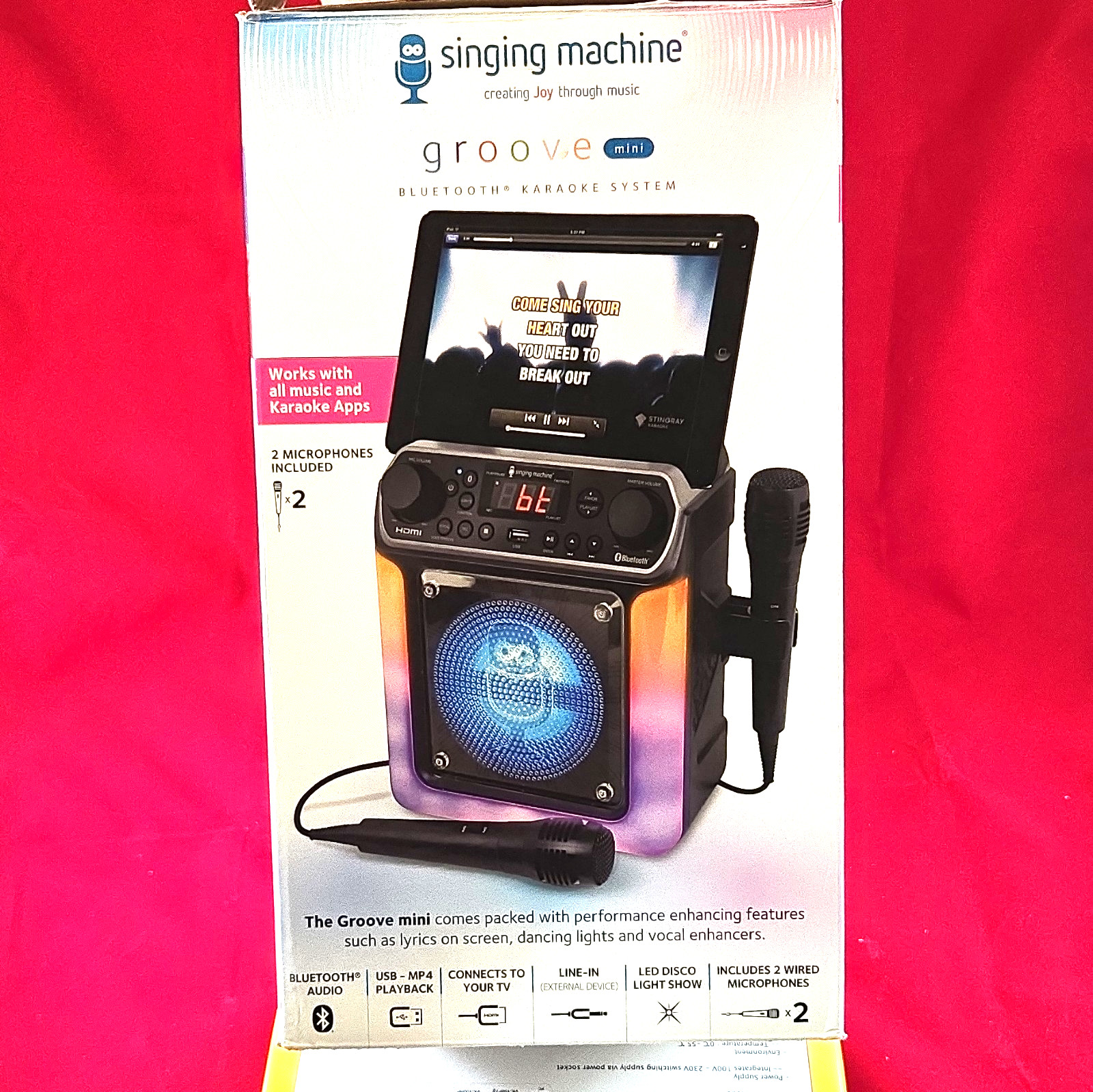 Singing Machine Groove mini Karaoke System Bluetooth HDMI w/ 2 Mics