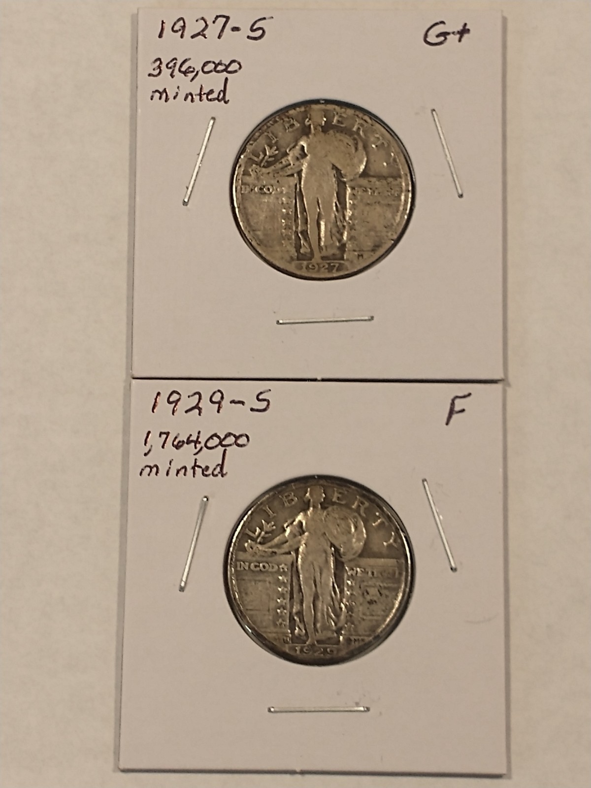1927-S G+ & 1929-S F Low Mintage Standing Liberty Quarters, Natural & Undamaged