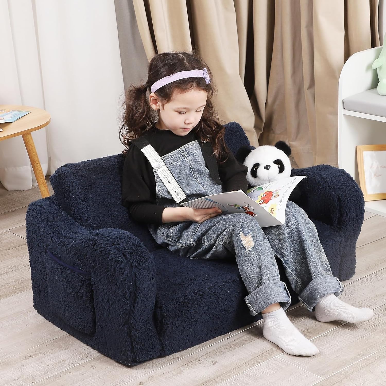 Kids Sofa, 2-in-1 Flip-Out Foam Couch with Soft Sherpa Cover, Cozy Play Loung...