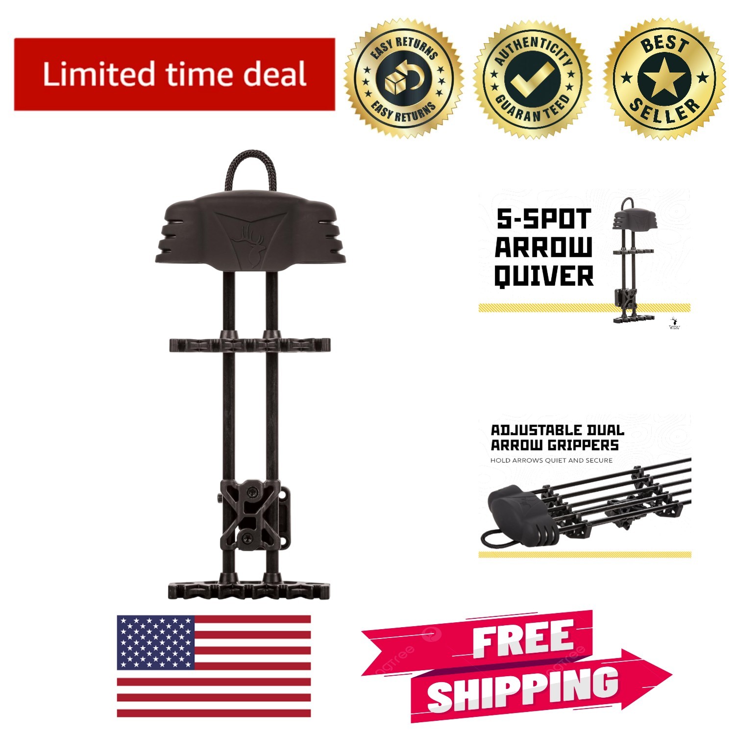 Versatile 5-Spot Archery Quiver in Black - Quick Detach & Adjustable Grippers
