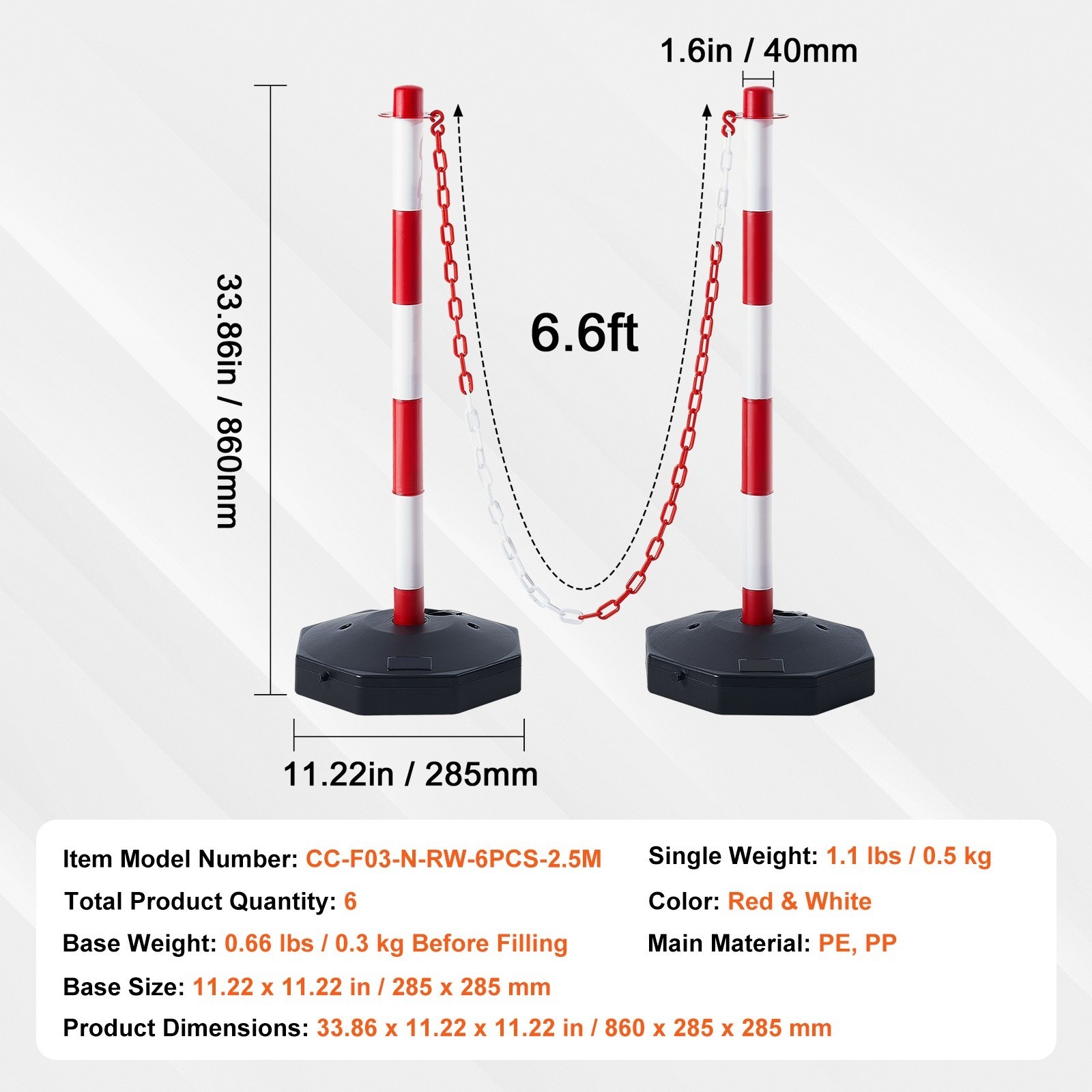 6PCs Traffic Delineator Post Cones with Fillable Base 6.6 FT Chain