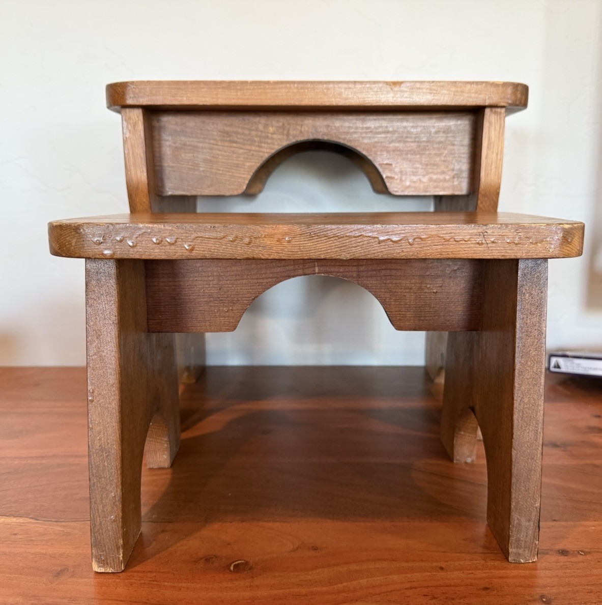 Pair Of Vintage Maywood Solid Stools Brown Both Signed 12Hx14”L & 8Hx12”L USA