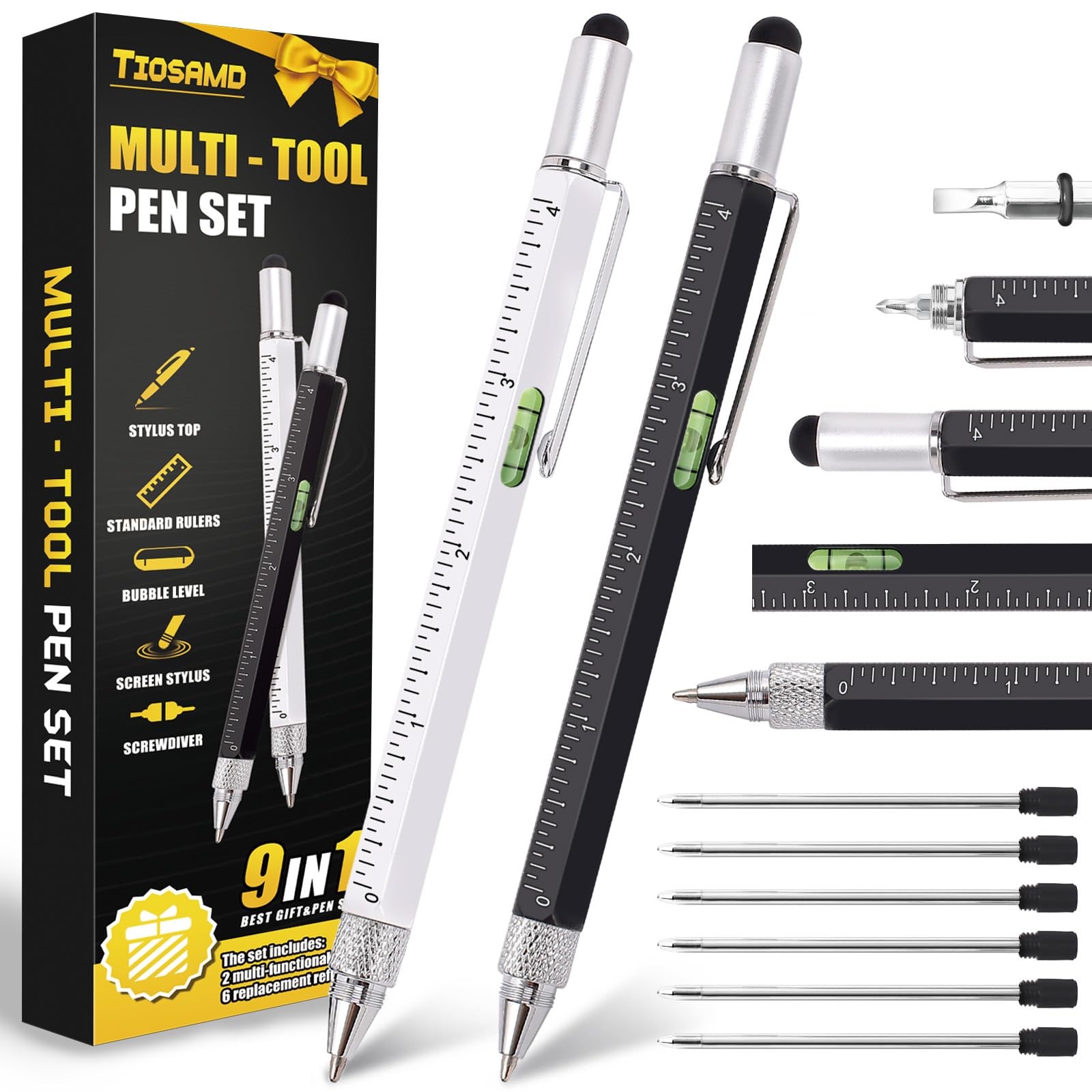 Stocking Stuffers for Men, 9 in 1 Metal Multitool Pen 2Pcs Black and White