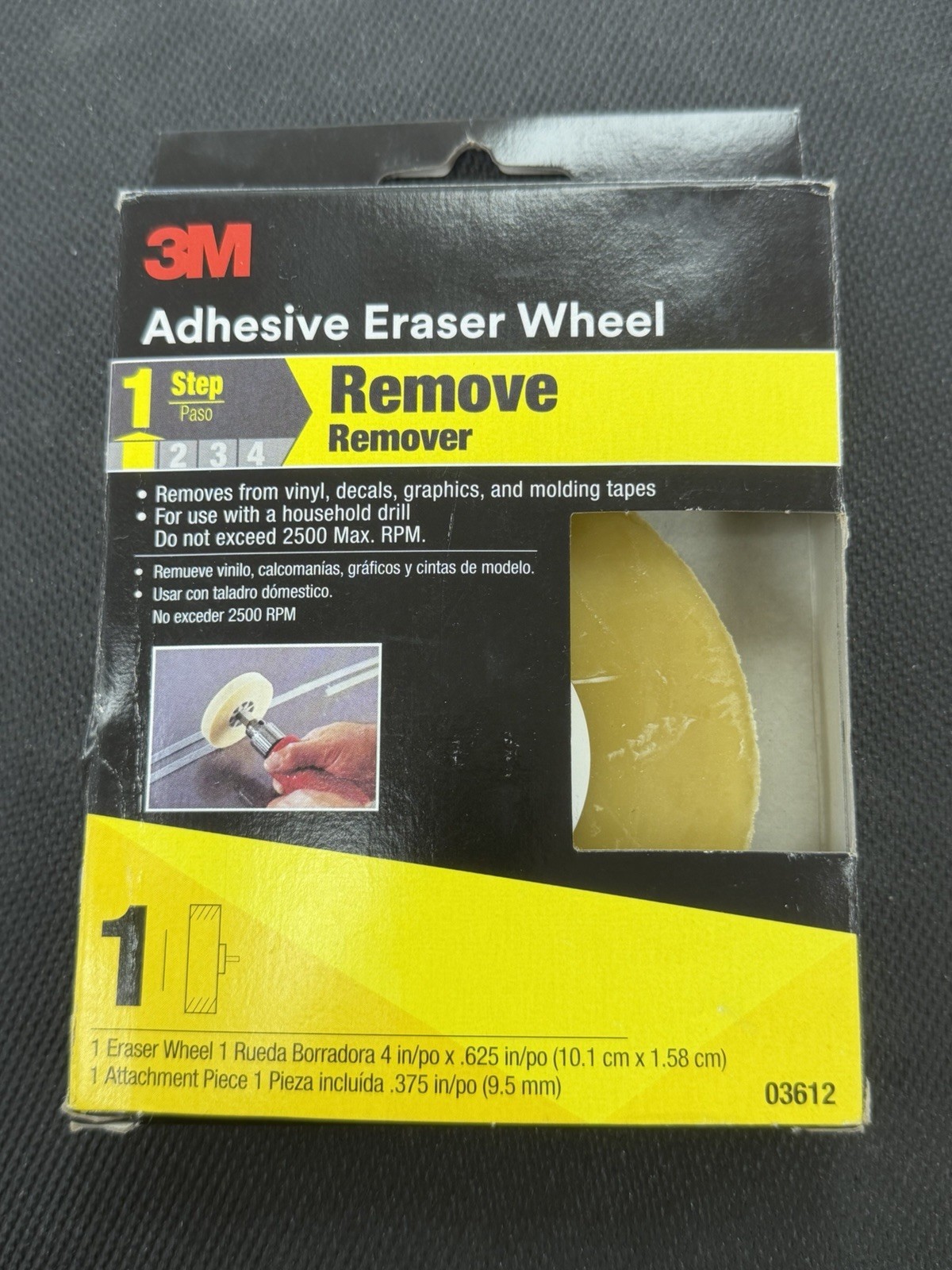 3M 03612 4" X 5/8" Adhesive Eraser Wheel - 1 STEP Remove Sticky Glue Residue NEW