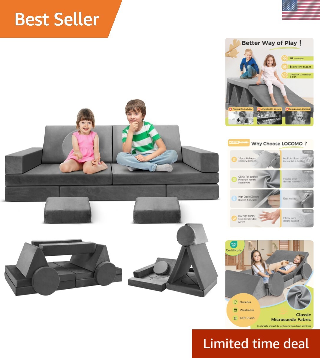Convertible Foam Toddler Sofa - 18 Modular Pieces for Endless Play & Creativity