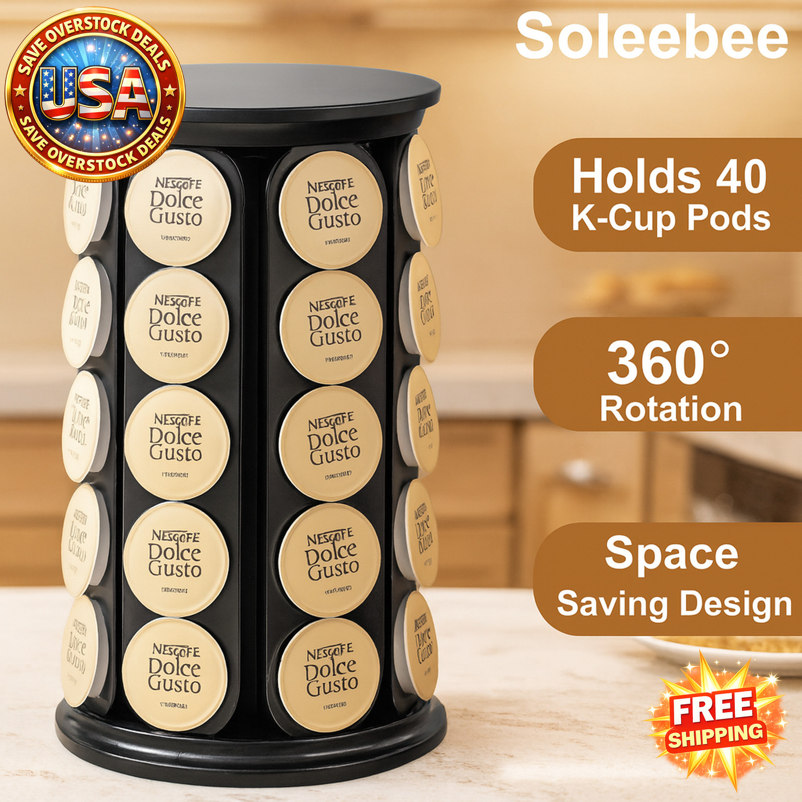 Coffee Pod Carousel Holder for 40 K-Cup Pods - Kitchen Organizer (Black)