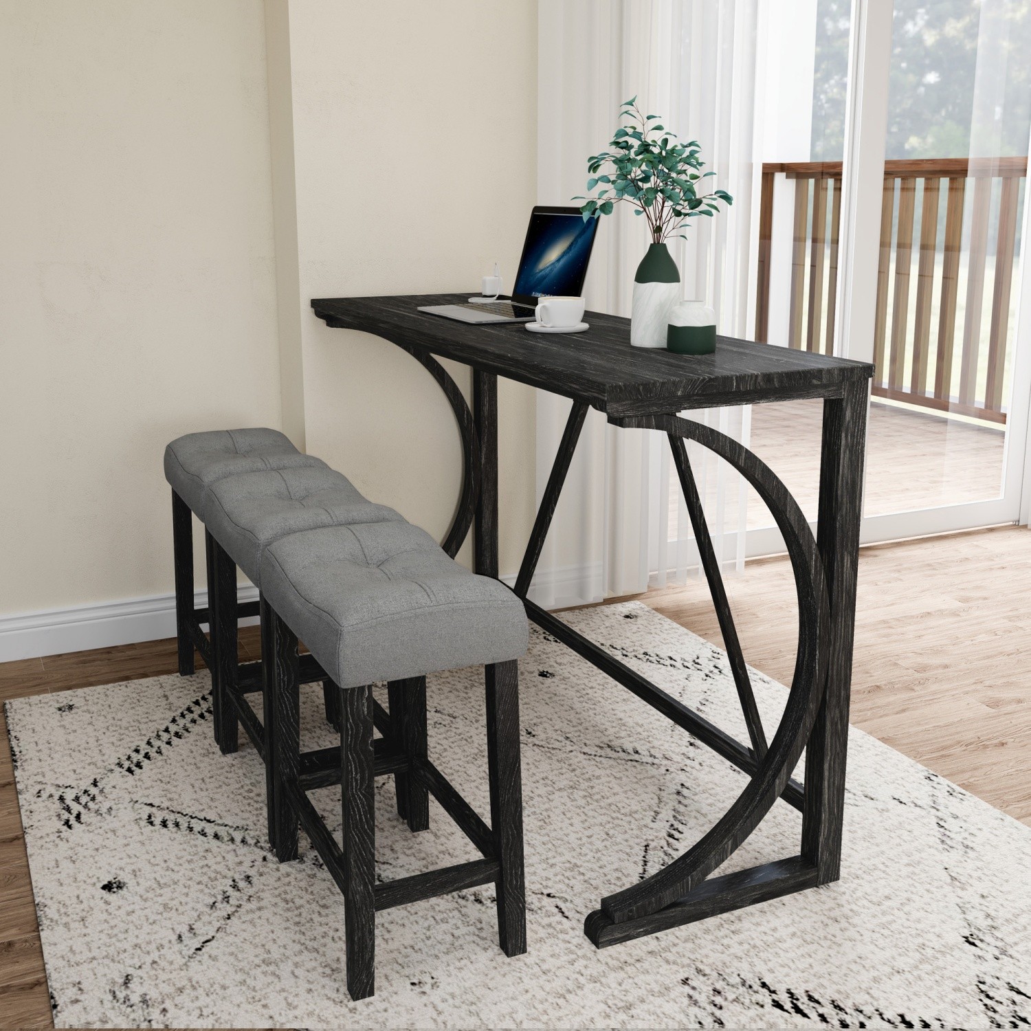 4 Piece Bar Table Set Kitchen Counter Height Table Dining Table w/ 3 Bar Stool