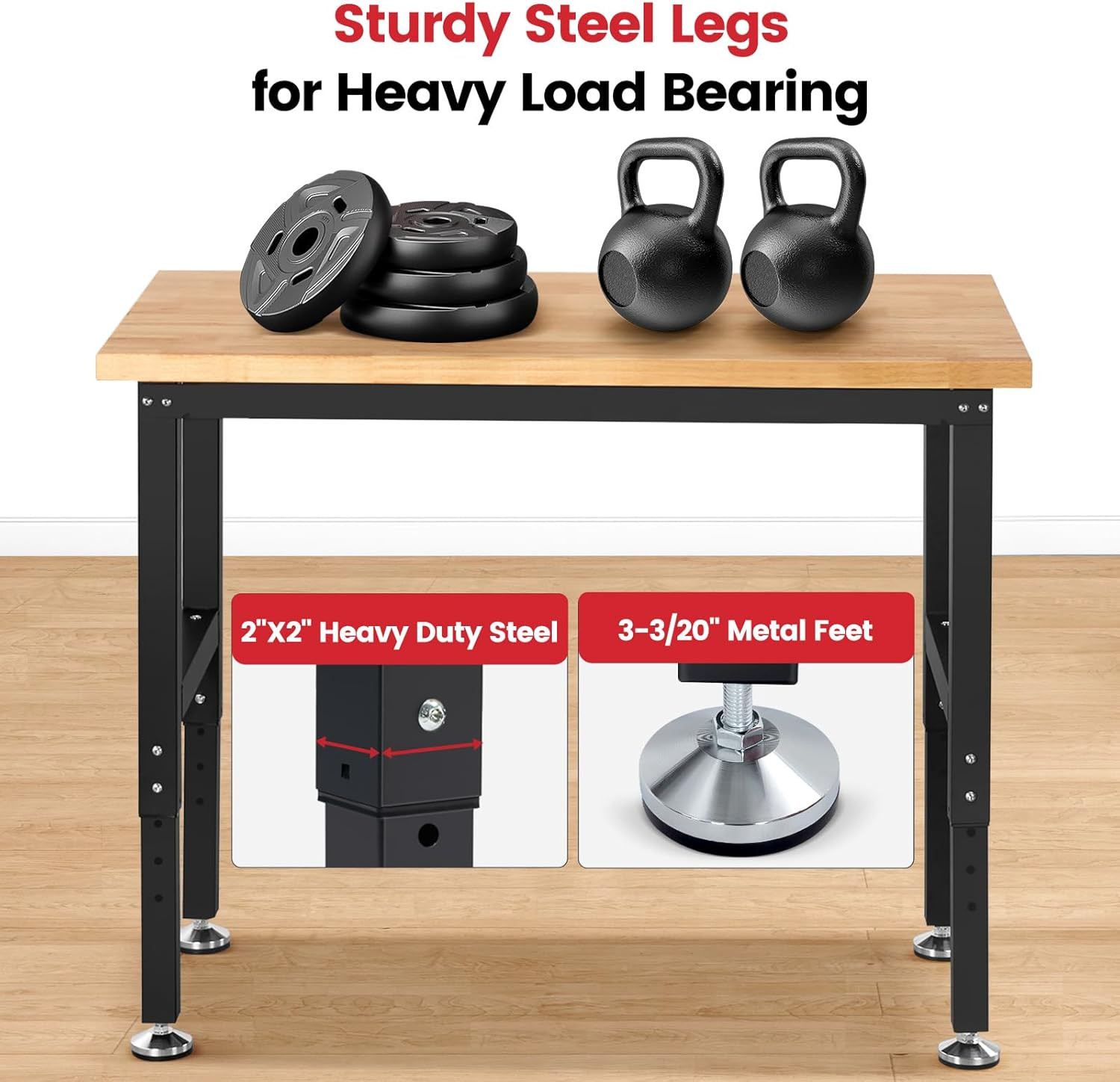 41" X 20" Adjustable Height Workbench for Garage Heavy Duty Rubberwood Top Work