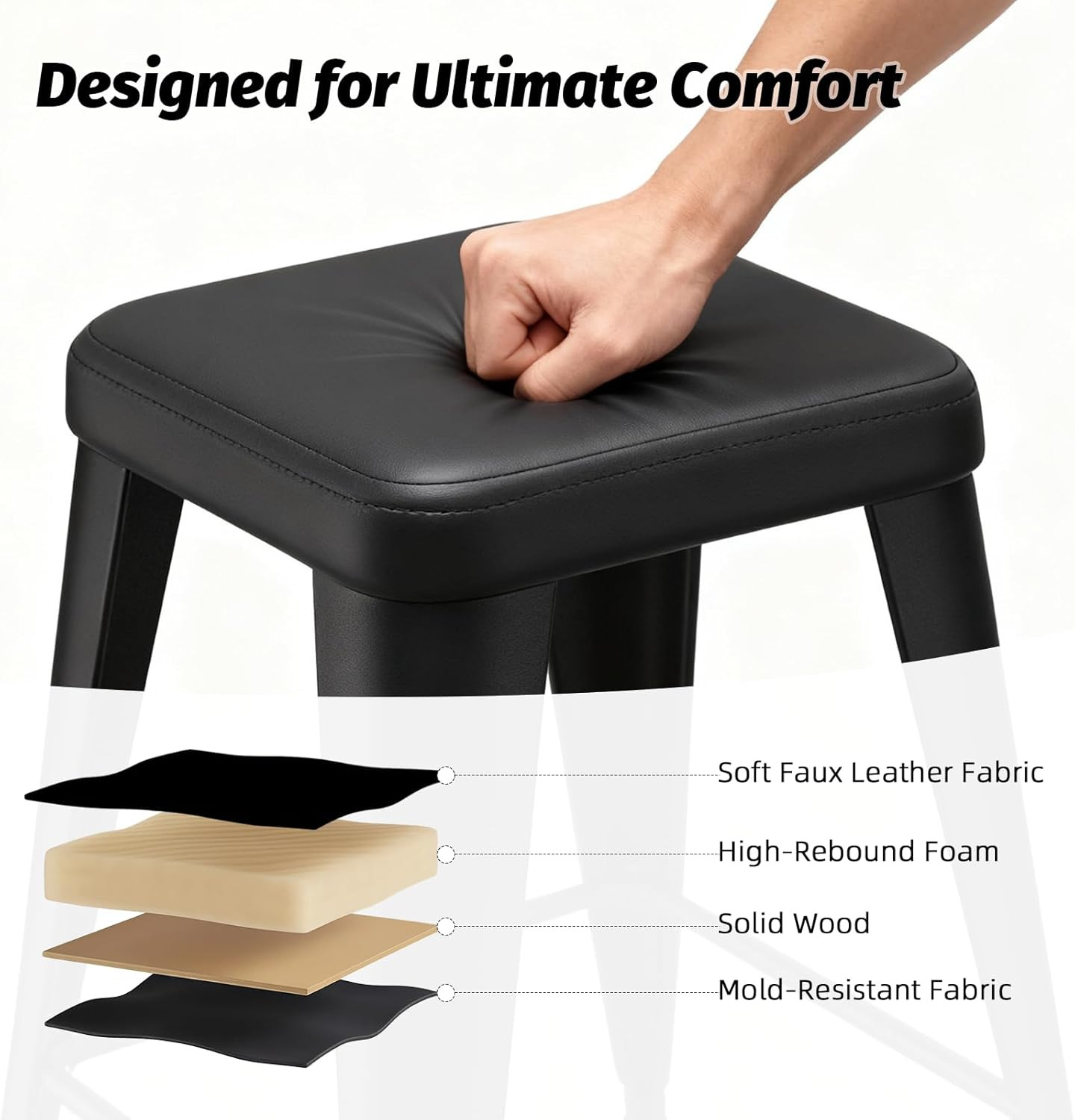 Set of 4 Industrial Metal Bar Stools with Upholstered Seats - 26 Inch Black