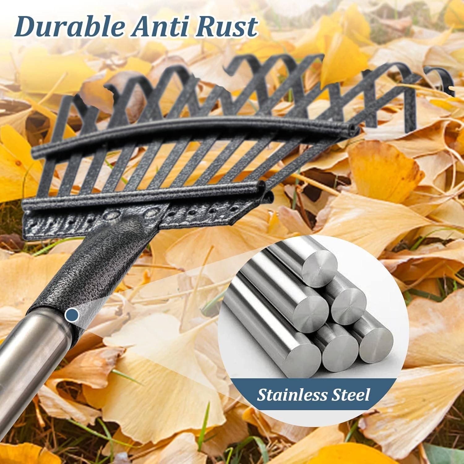 Heavy-Duty Leaf Rake with Adjustable 6ft Handle - 8.5