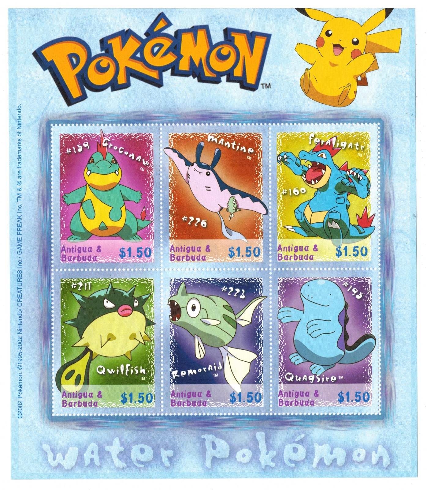 Antigua and Barbuda 2002 - Water Pokemon - Sheet of 6 Stamps - Scott #2586 - MNH