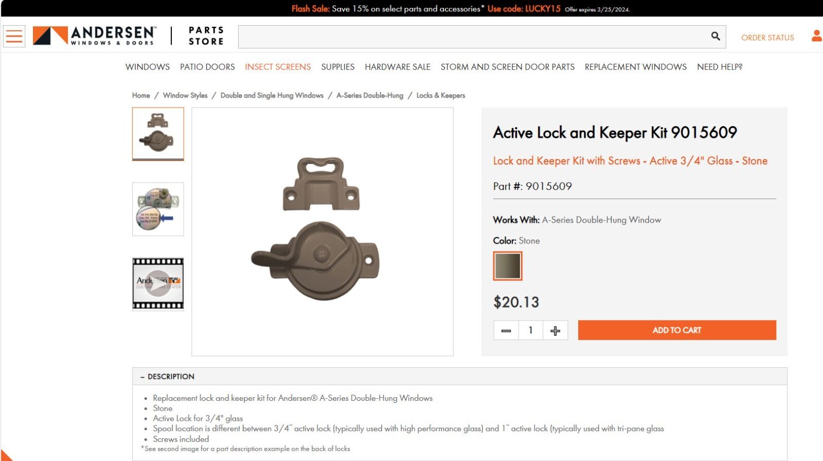 Andersen 9105609 A Series Stone Sash Lock & Keeper Double Hung Windows (2008 on)