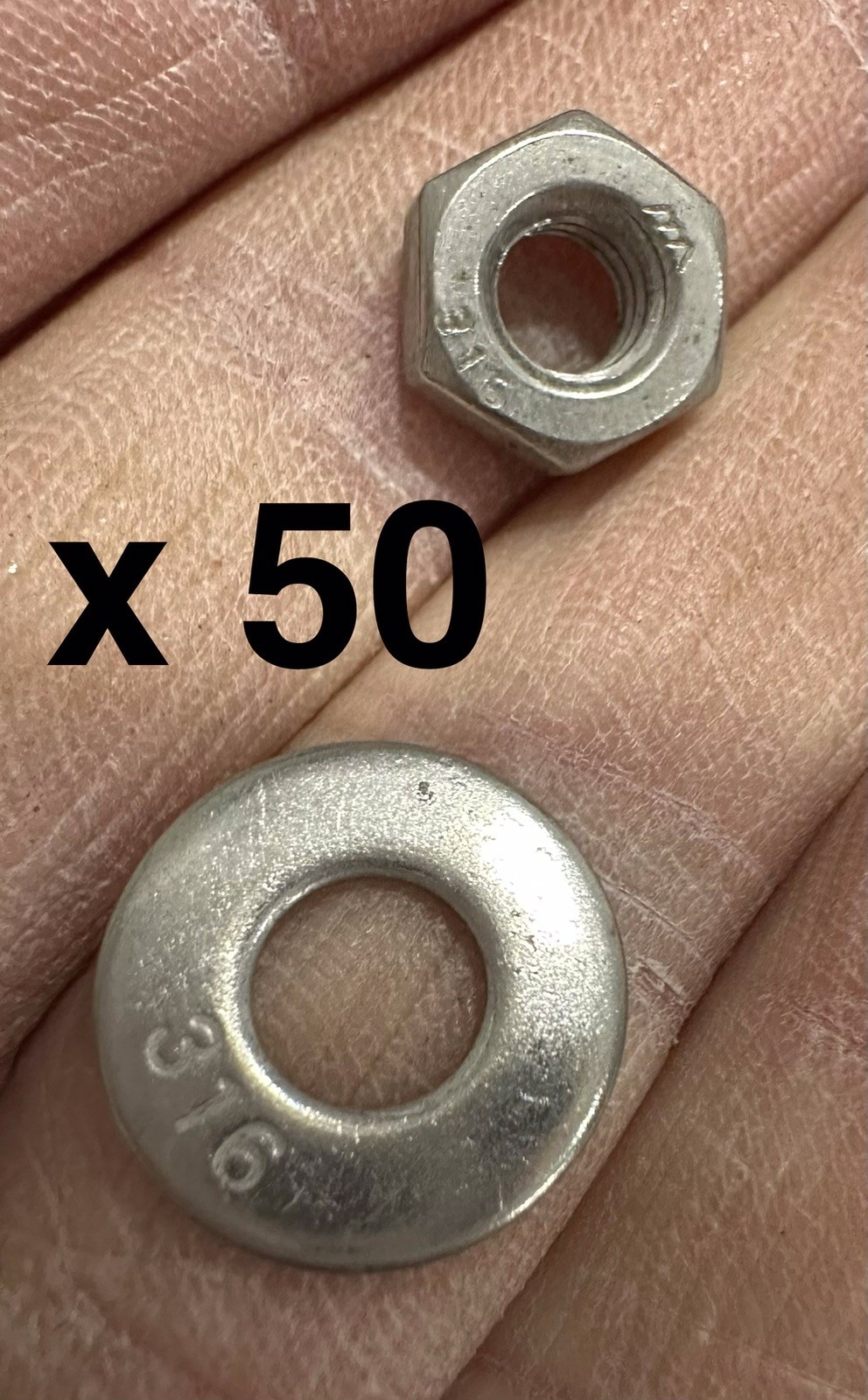Lot of 50 Pieces - 7/16"-14 Hex Nuts w/ Flat Washers in 316 Stainless Steel