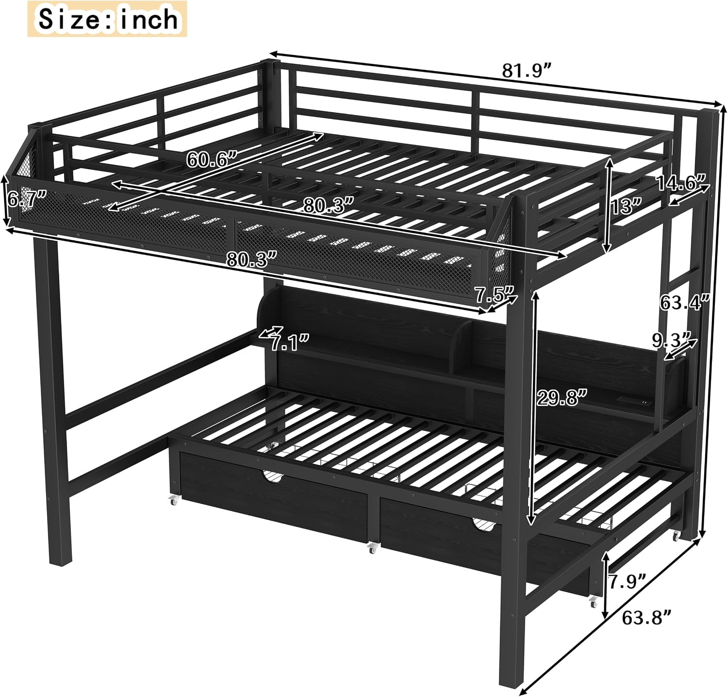 Queen over Queen Bunk Bed with Storage Shelves and Drawers, Metal Bedframe with