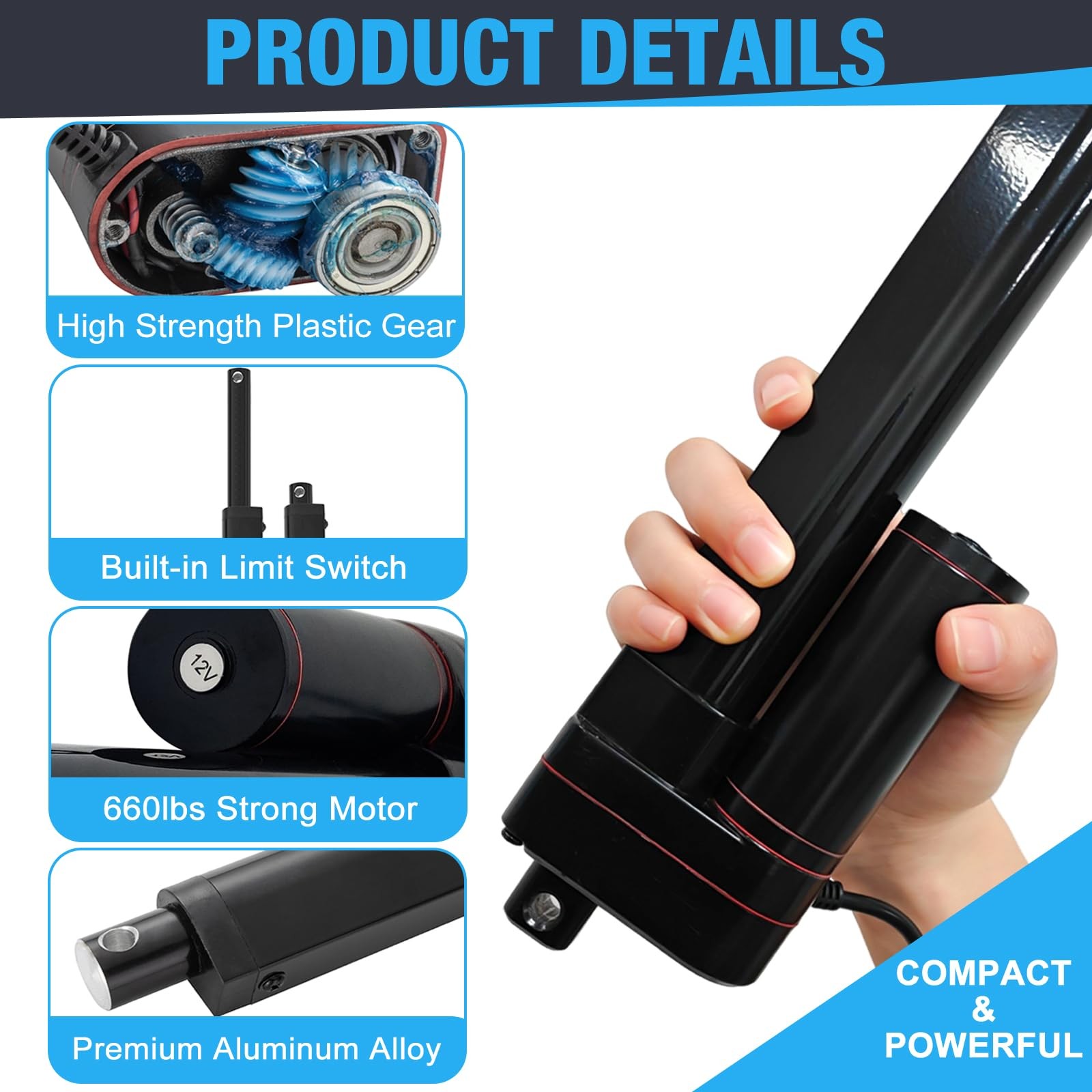 JQDML 24V Heavy Duty Linear Actuator 2 Inch Stroke, 660lbs/3000N, 0.2"/s Spe...
