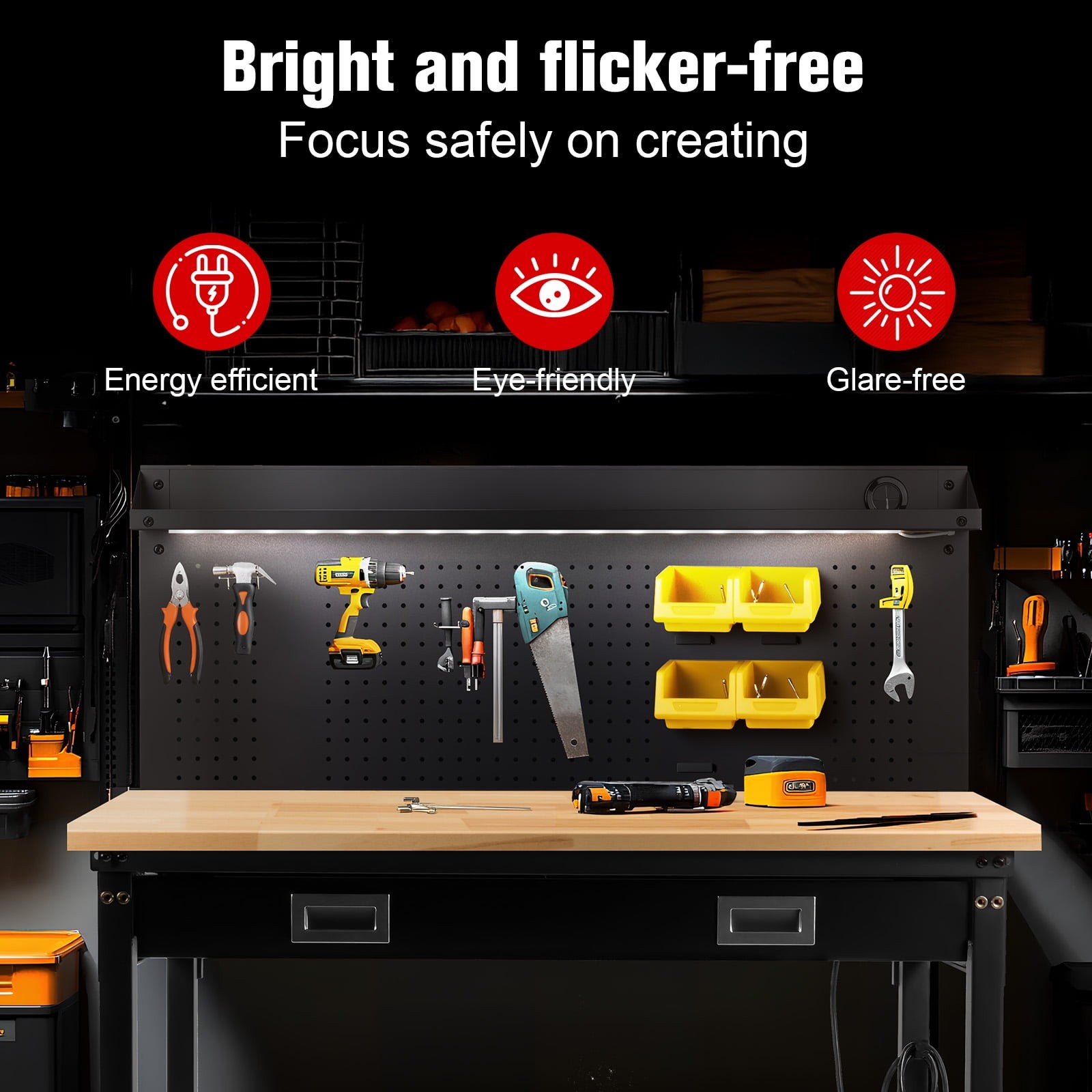 Heavy Duty Garage Workbench Pegboard Power Outlets Led Light Adjustable Height