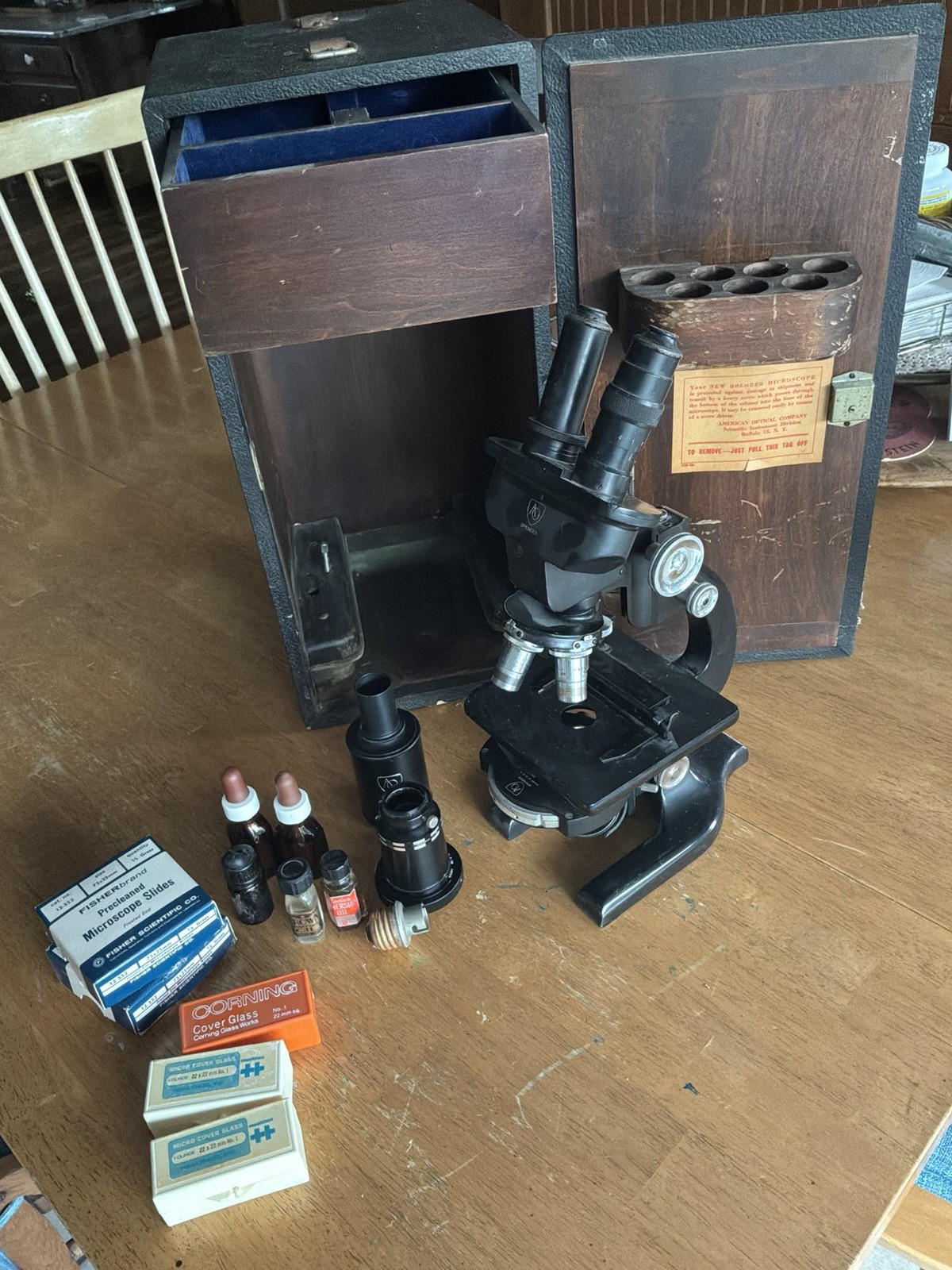 Spencer Binocular Microscope w/ Wood Case & Lab Accessories (Slides, Dropper)