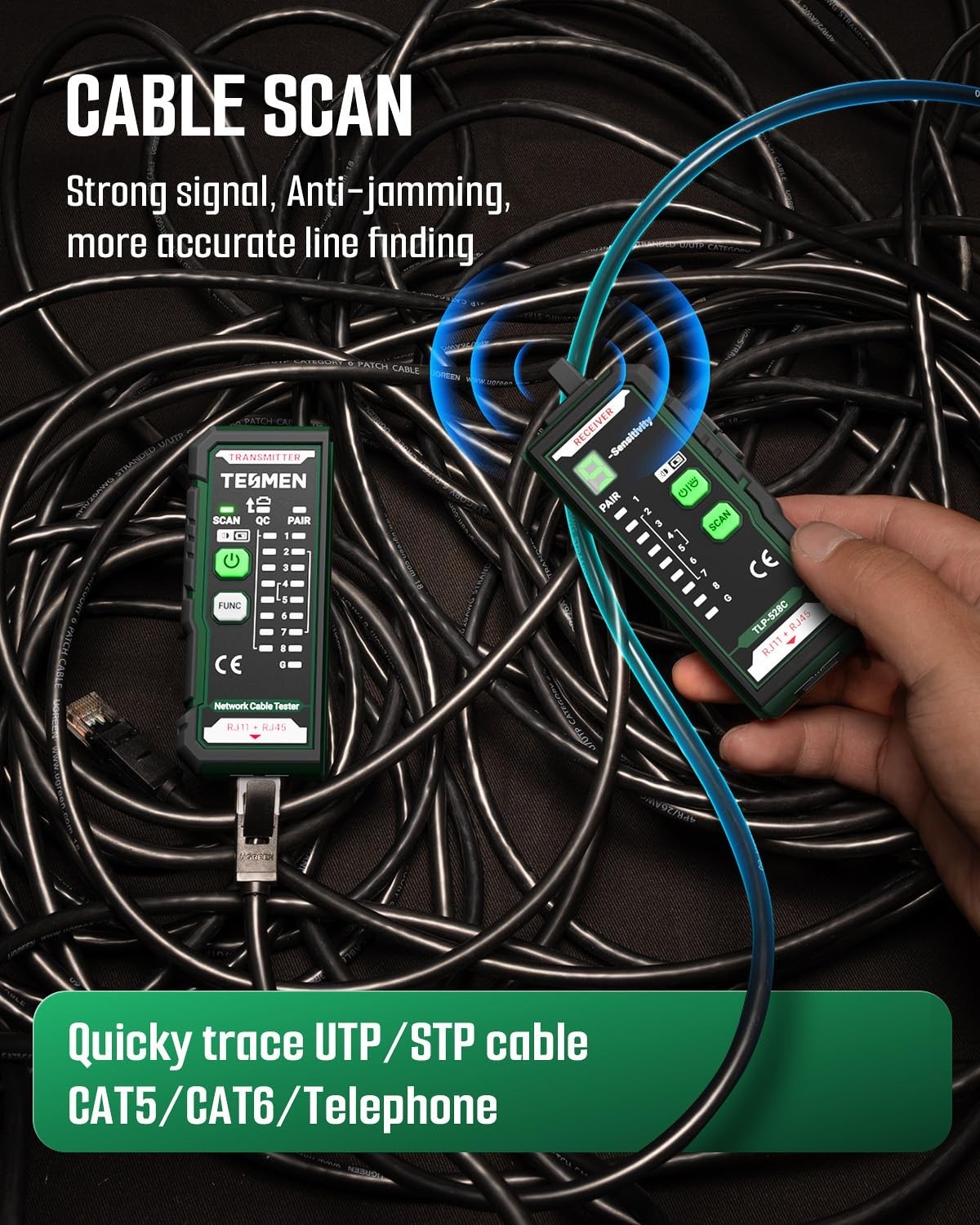 Compact RJ11 RJ45 Network Cable Tester & Wire Tracer - Green