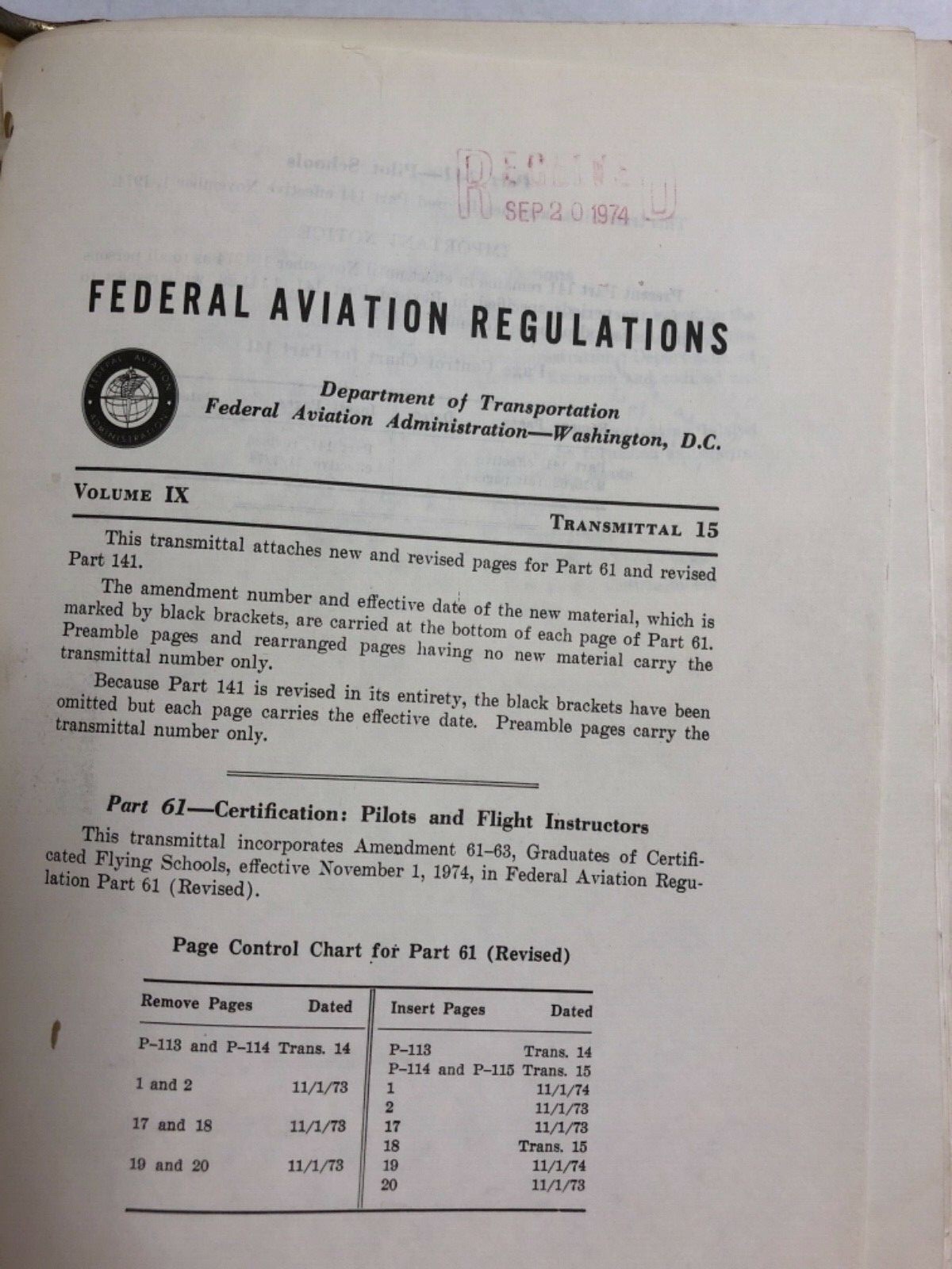 Federal Aviation Regulations 1972 Original