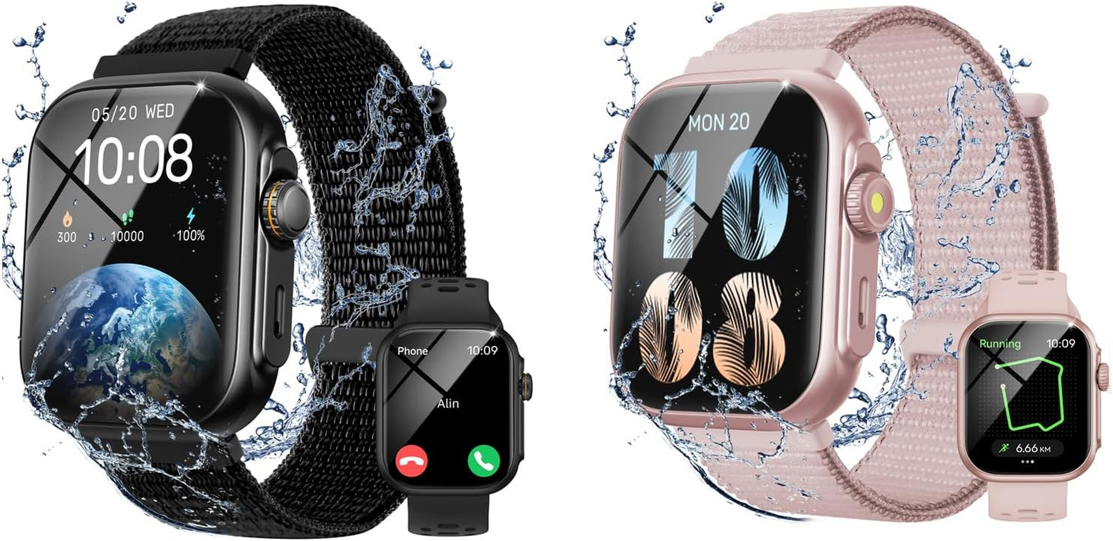 GPS Smart Watch for Men Women, 2 Pack, Black & Pink